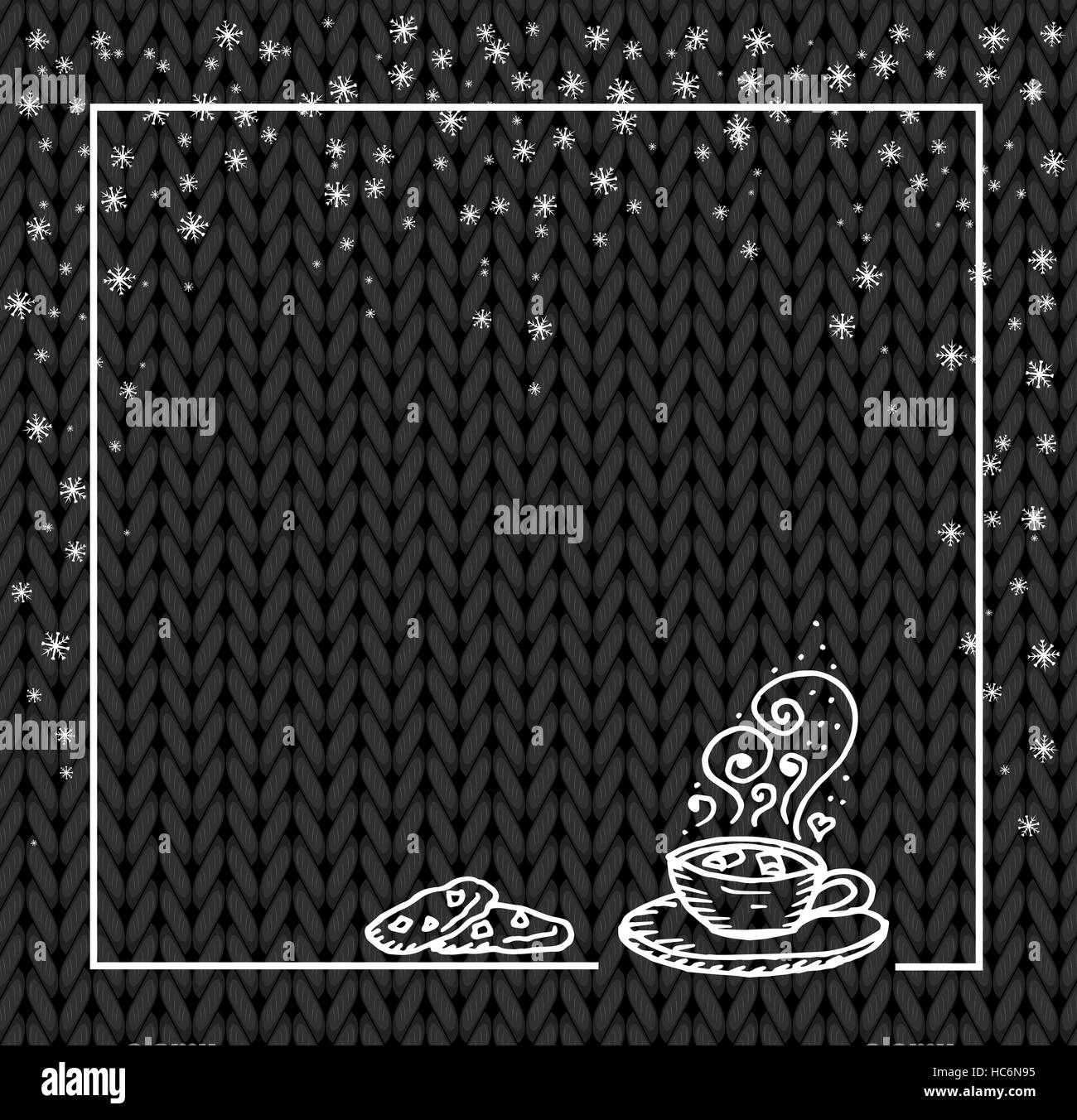 Vacanze invernali modello telaio con una tazza di cioccolato caldo e la neve. Modello di maglia. Vettore. Disegnato a mano. Illustrazione Vettoriale