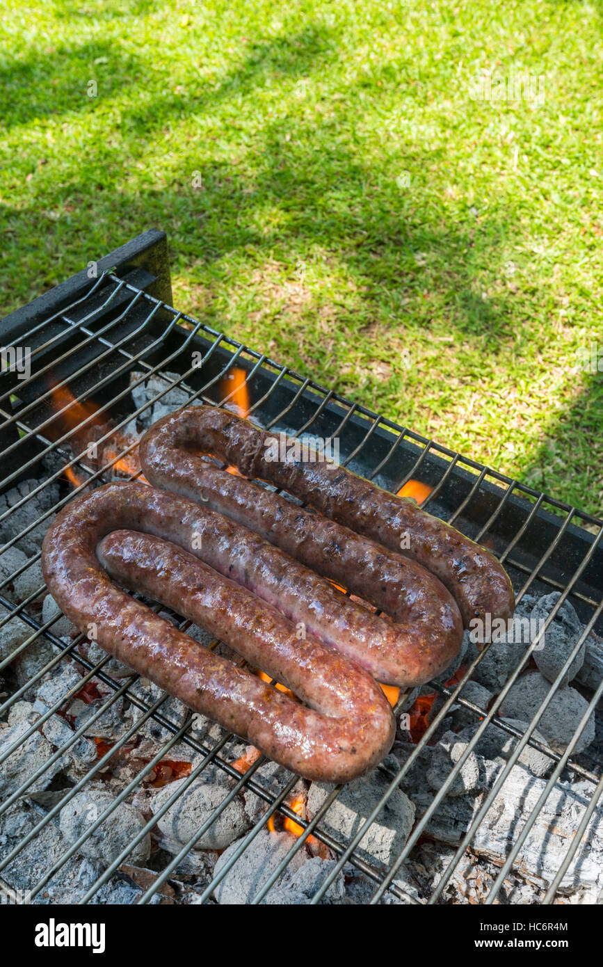 Barbecue braai Africa Zimbabwe di fiamma a base di carne alla griglia Foto Stock