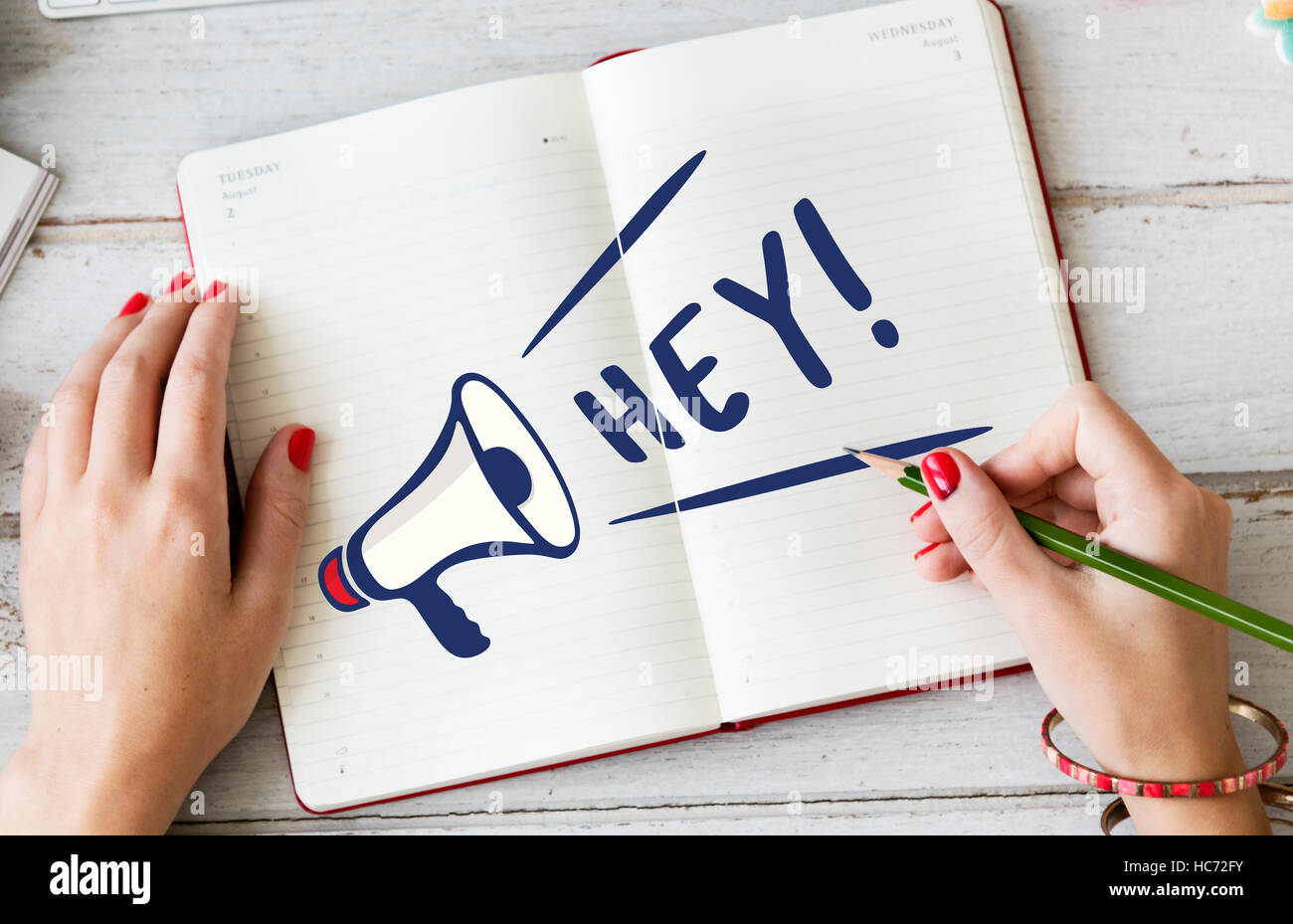 Hey Ciao saluto attenzione il concetto di comunicazione Foto Stock