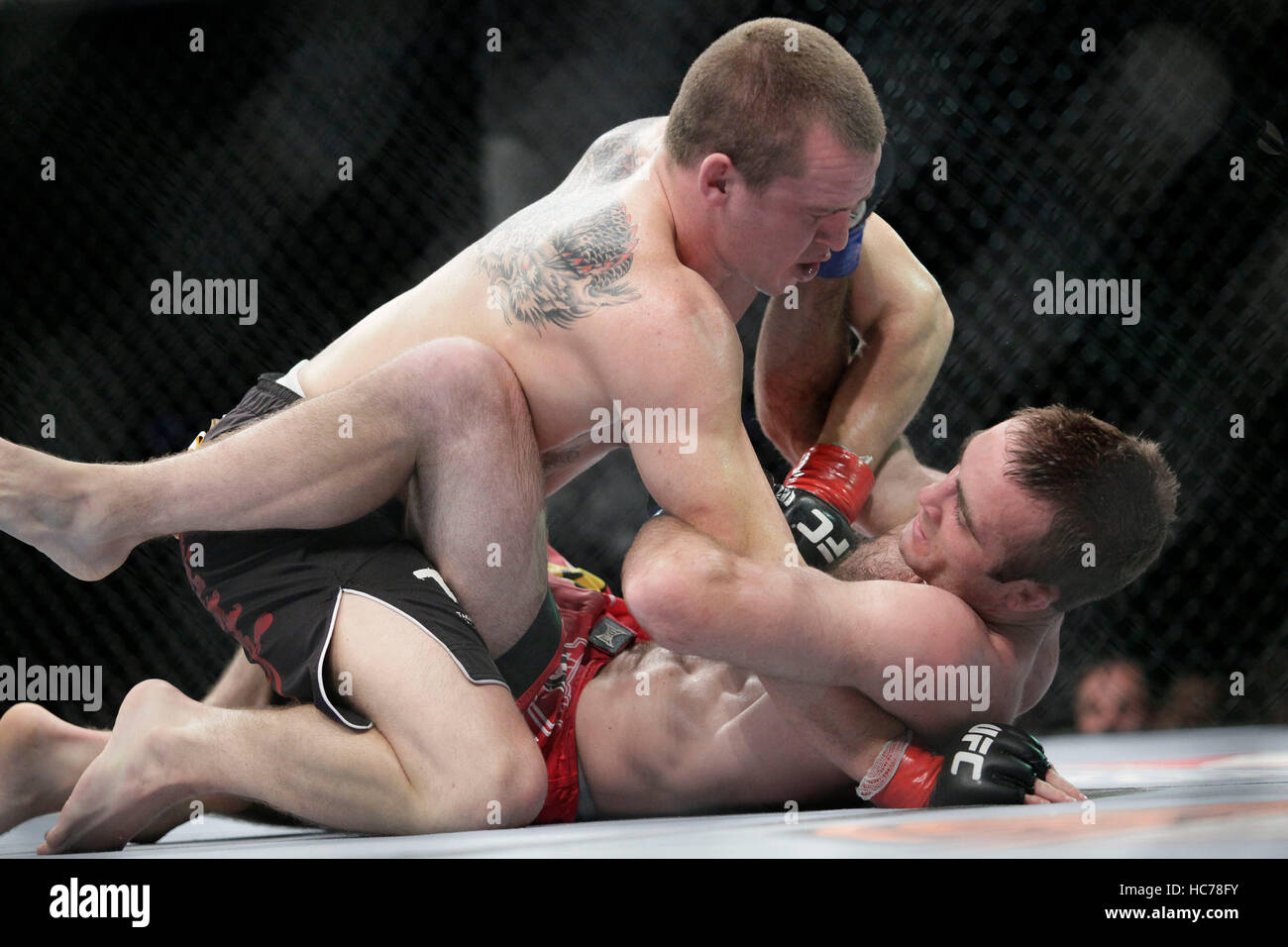 UFC fighter Paul Kelly, top combatte Jacob Volkmann a UFC-Live: Jones vs. Matyushenko al San Diego Sports Arena Il 1 agosto 2010, a San Diego, California. Francesco Specker Foto Stock