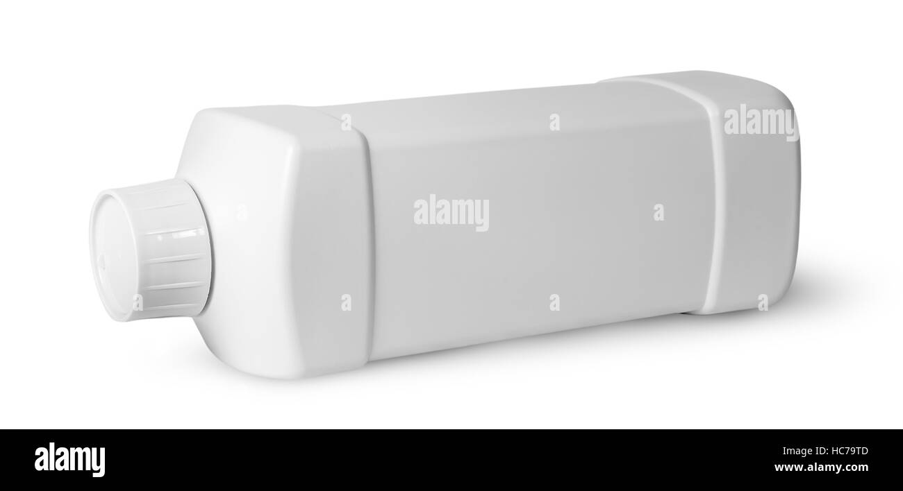 Bottiglia di plastica bianca di detersivo orizzontalmente isolati su sfondo bianco Foto Stock
