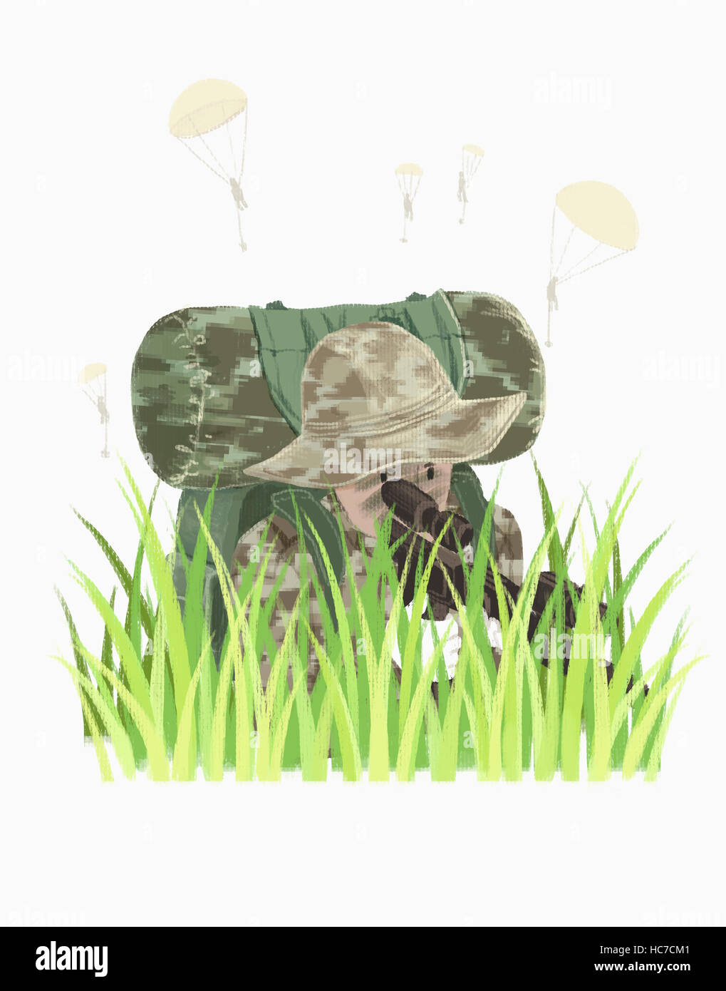 Soldato armato nascosto in erba Foto Stock