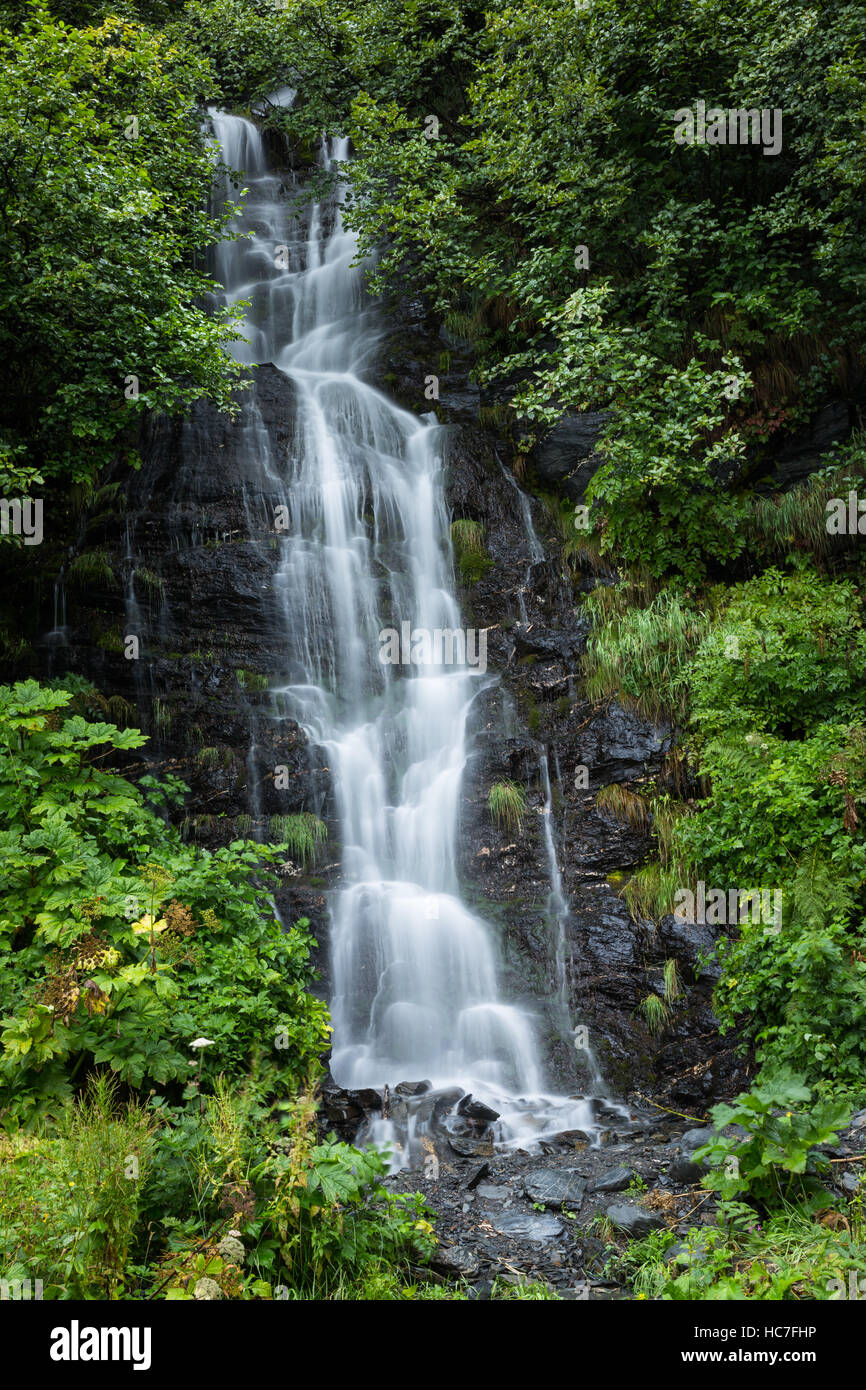 Piccolo fiume vicino lago Valdez in Alaska scorre su ripido terreno roccioso. Questo 25ft alta cascata è uno dei vari cade come il fiume si stacca il mou Foto Stock