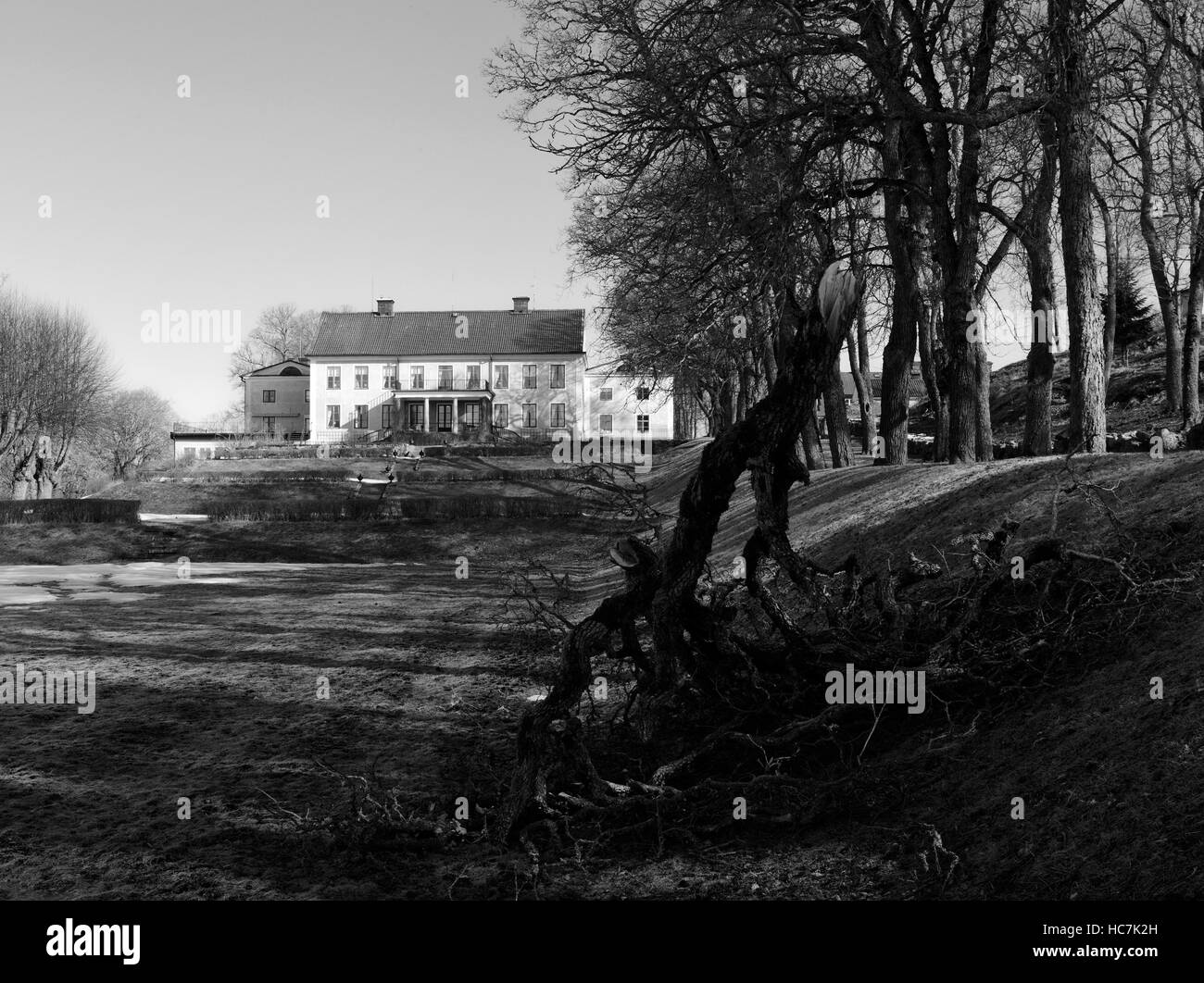 Altopiano, SVEZIA IL 11 APRILE 2013. Vista di un giardino, caduti ramo e un edificio principale. Soleggiato e freddino mattino. HDR.BW. Editori Foto Stock