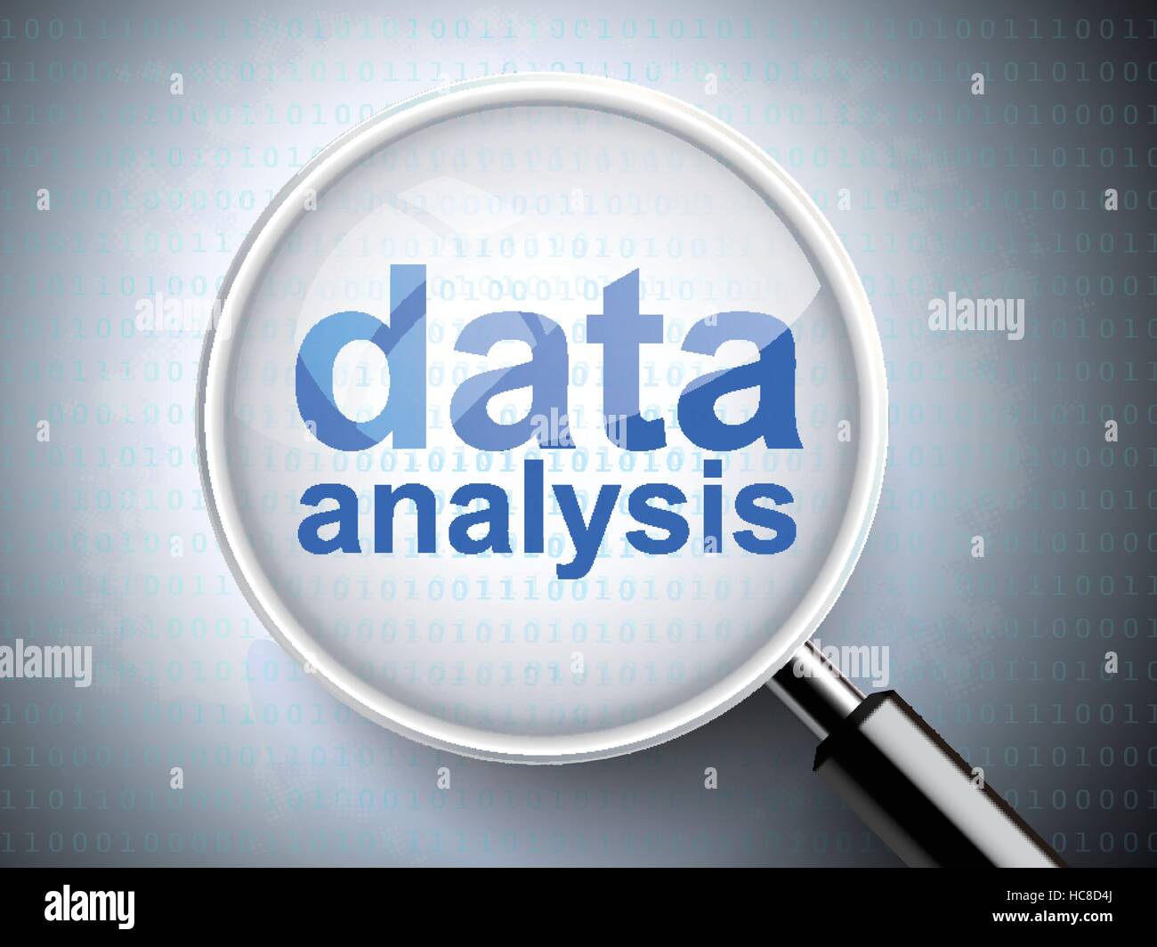 Lente di ingrandimento con parole analisi dei dati su sfondo digitale Illustrazione Vettoriale