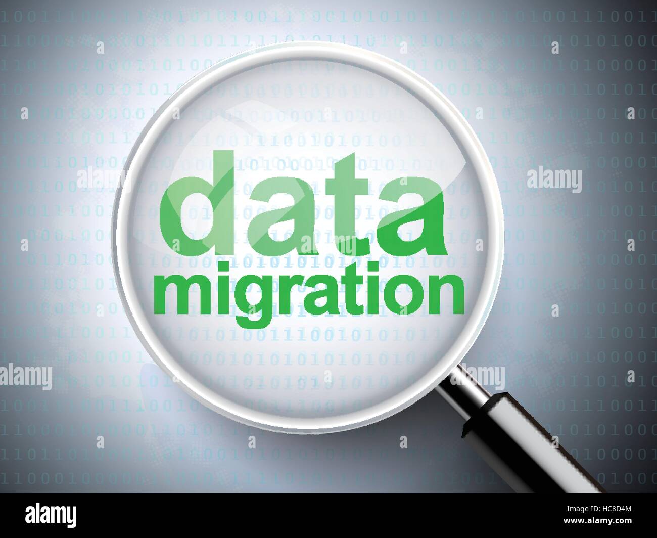 Lente di ingrandimento con le parole la migrazione di dati su sfondo digitale Illustrazione Vettoriale