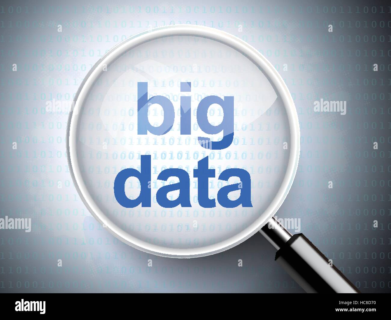 Lente di ingrandimento con parole di dati di grandi dimensioni su sfondo digitale Illustrazione Vettoriale