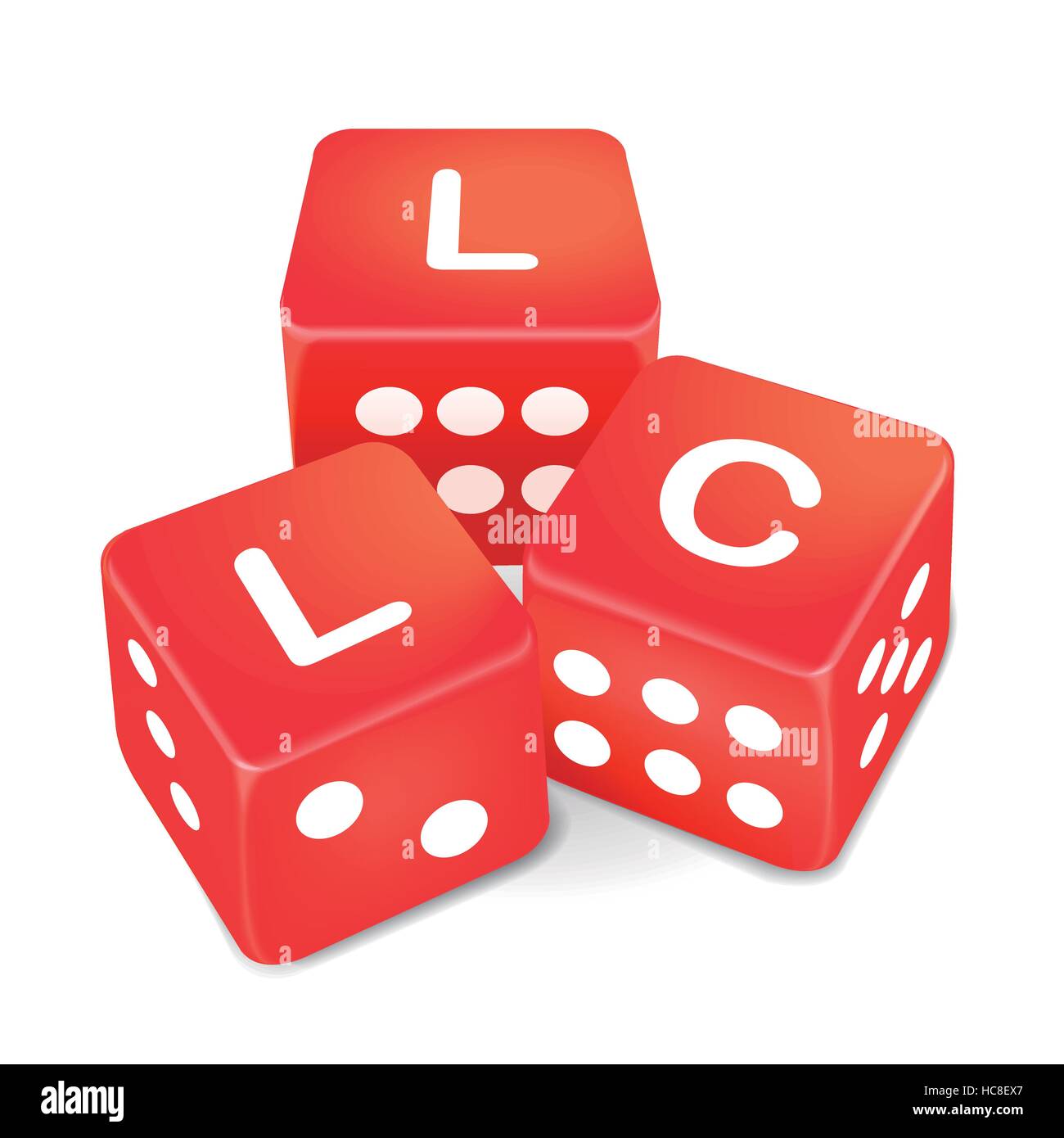 Società a responsabilità limitata di parole su tre dadi rossi su sfondo bianco Illustrazione Vettoriale