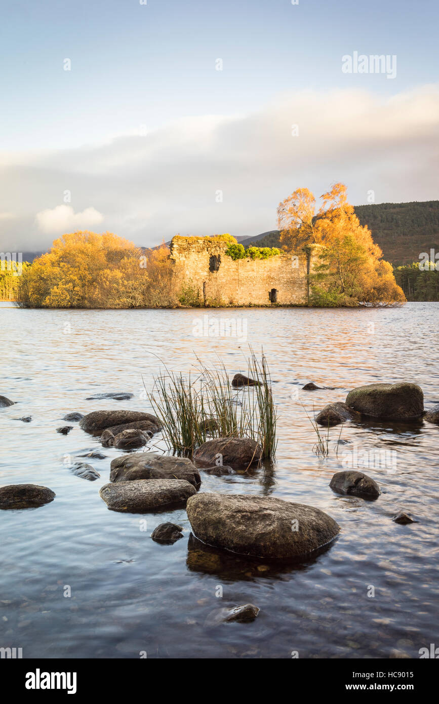 Rovina del castello sul Loch un Eilein in Scozia. Foto Stock