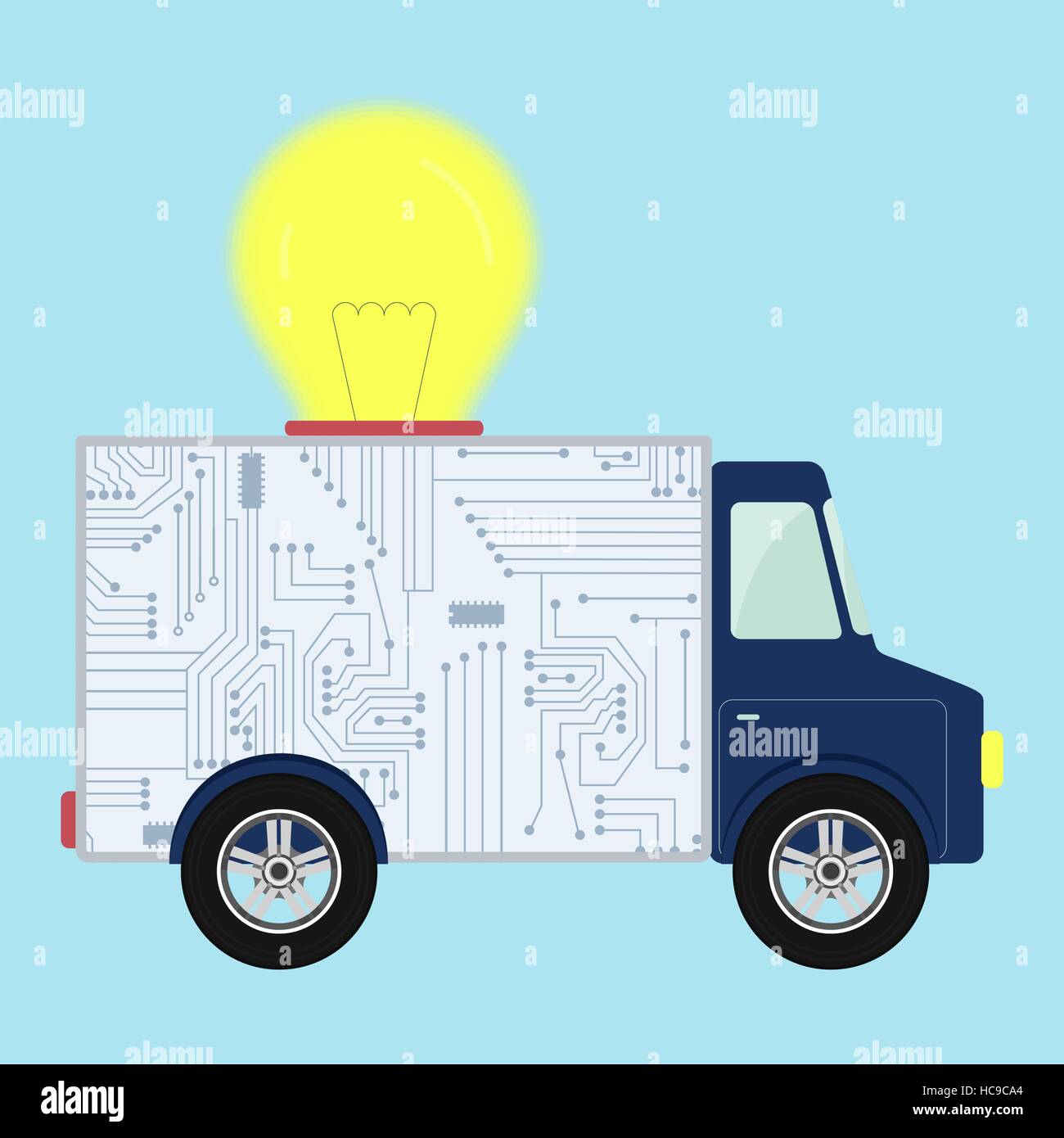 Chip di circuito elettronico illustrato nella parte posteriore di un camion. Grande luce lampadina sulla parte superiore del carrello. Nastro per immettere il testo. Concetto. Illustrazione Vettoriale