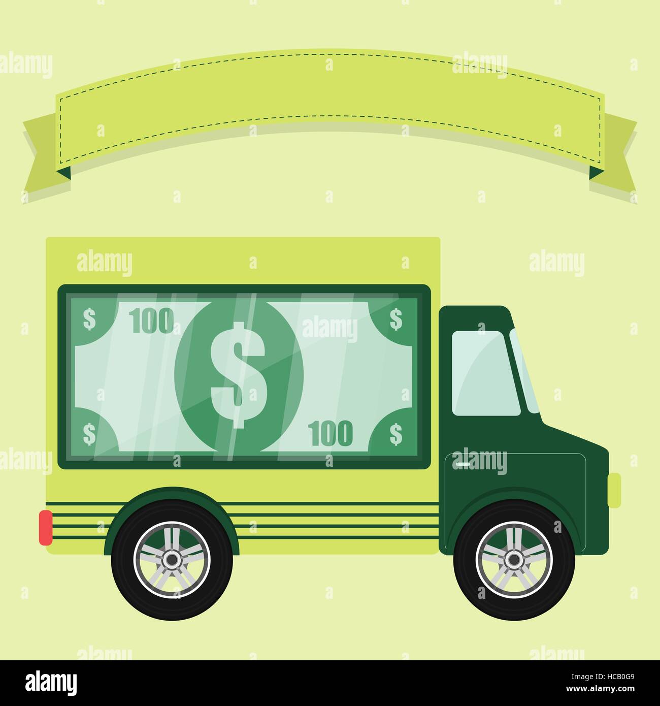 Denaro mostrato in una vetrina nella parte posteriore di un camion. Nastro per immettere il testo. Concetto. Illustrazione Vettoriale