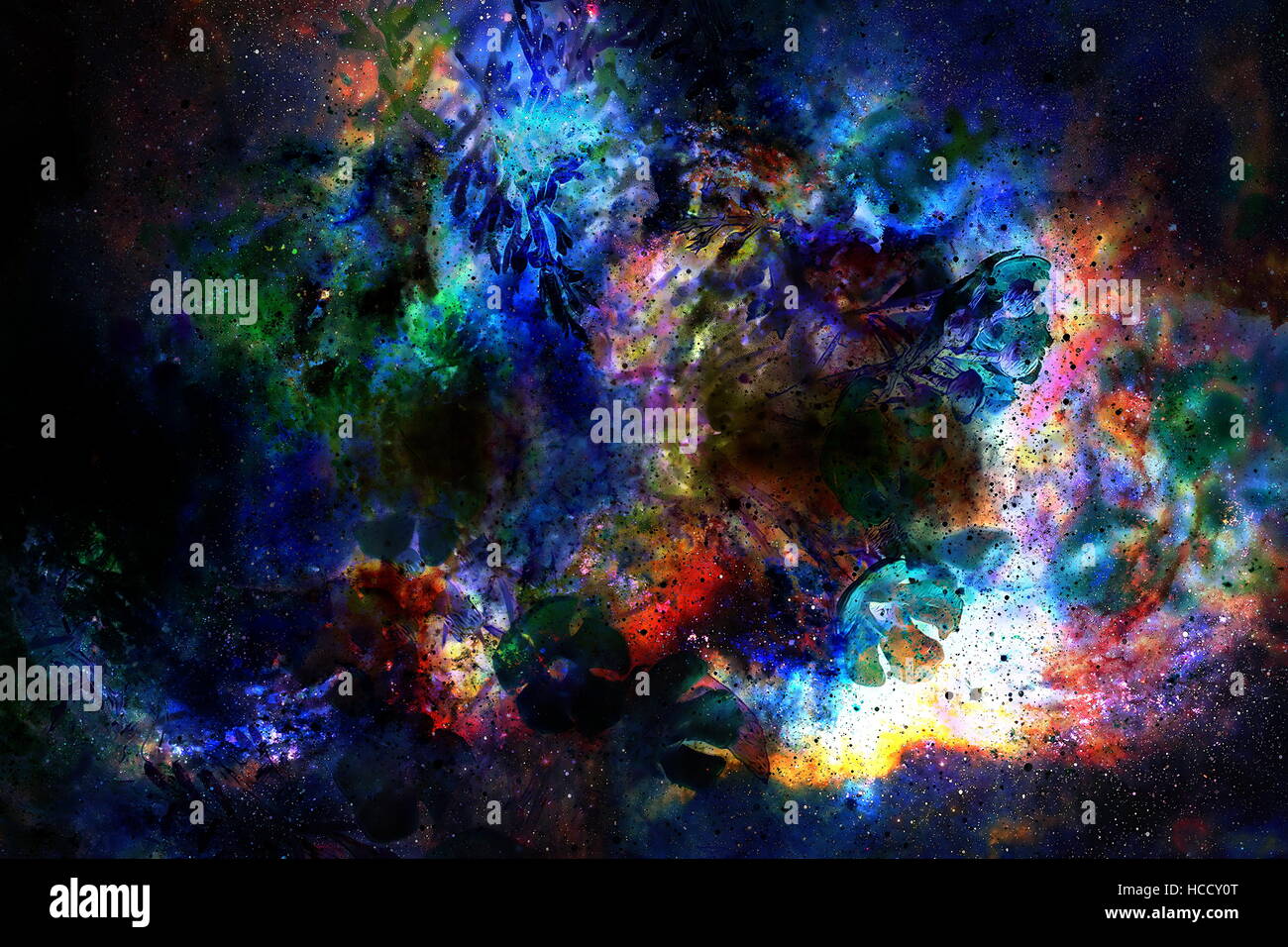 Spazio cosmico con fiori di colore sfondo galaxy, computer collage. Foto Stock