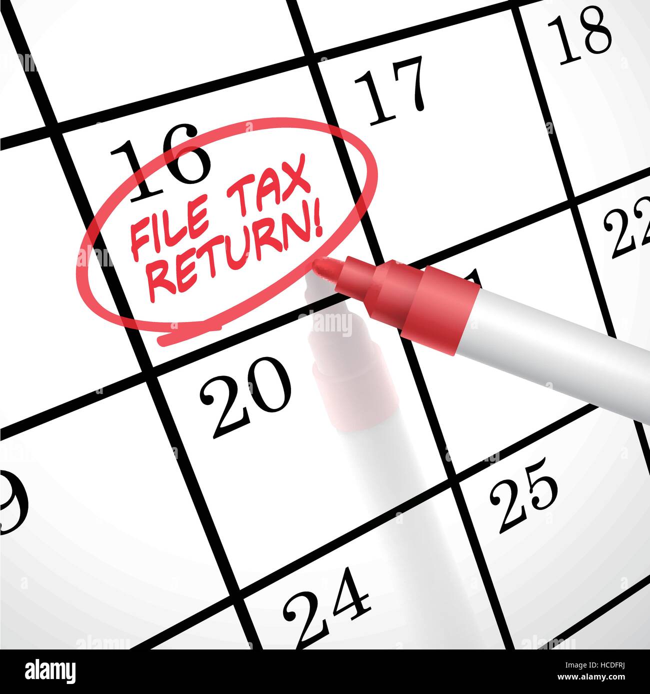 File di ritorno fiscale parole cerchio contrassegnato su un calendario da una penna rossa Illustrazione Vettoriale