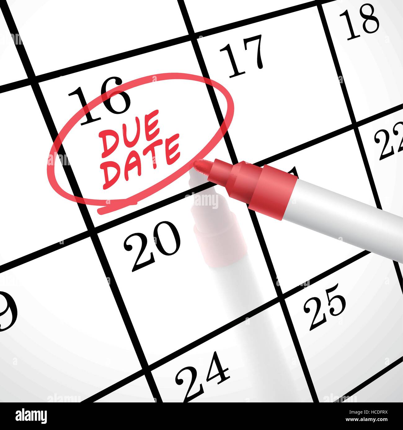 Data di scadenza parole cerchio contrassegnato su un calendario da una penna rossa Illustrazione Vettoriale