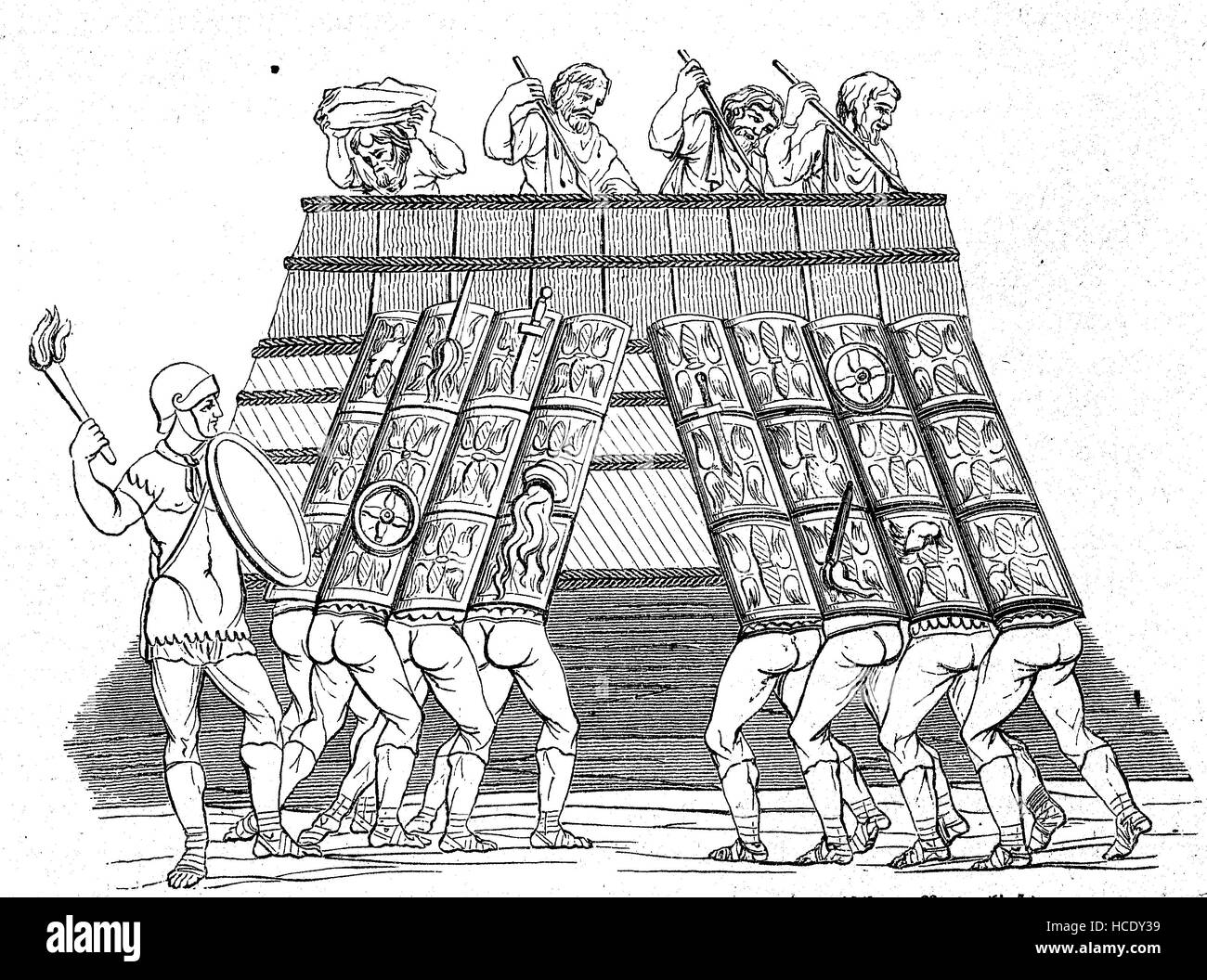 I soldati romani attaccano la parete dei teutoni, 11 BC, la storia di Roma antica, l'impero romano, Italia Foto Stock