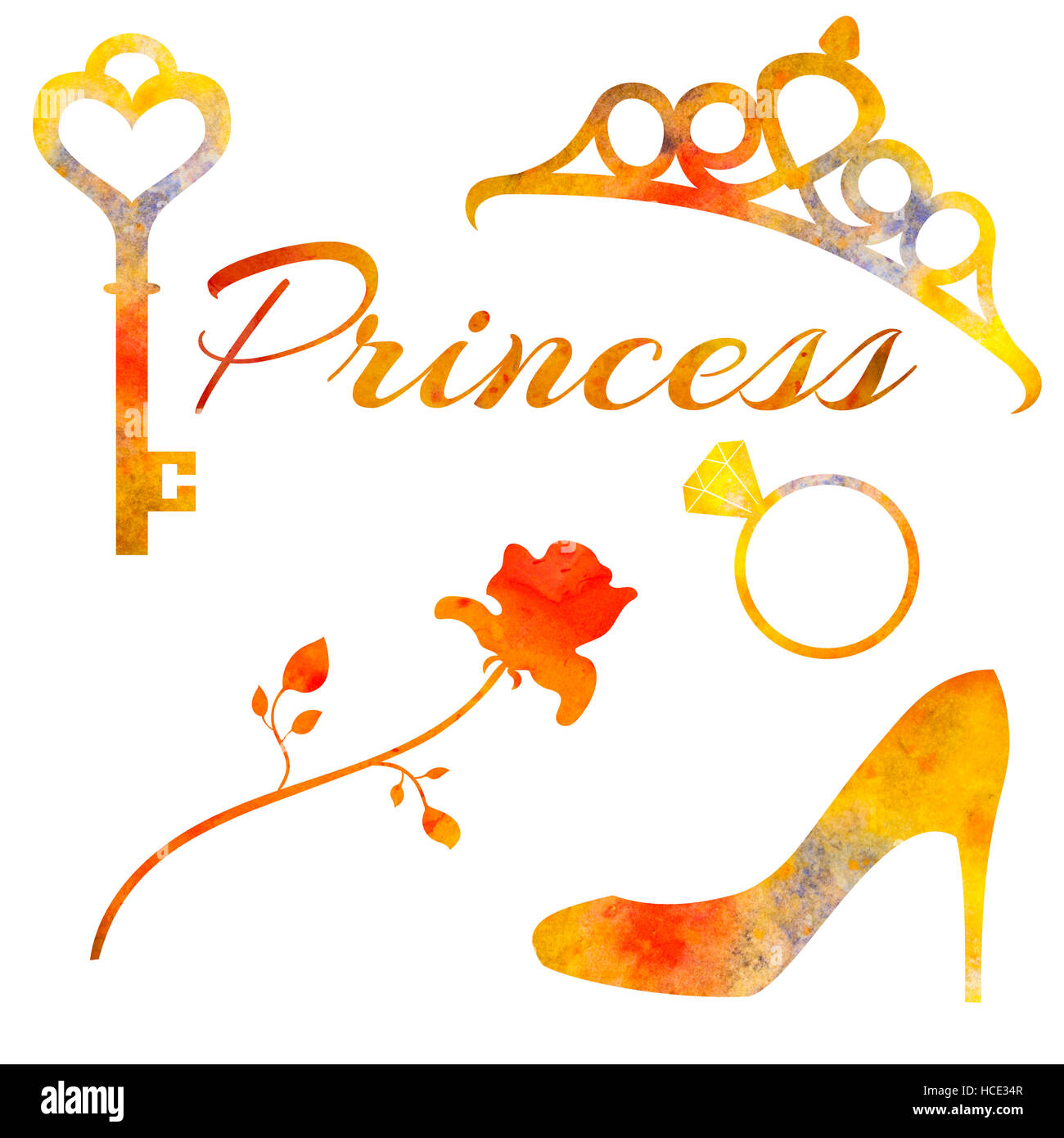 Set di elementi ad acquerello princess. Rose, diadema, chiave, anello di nozze e calzatura. colorato con sbavature. Foto Stock