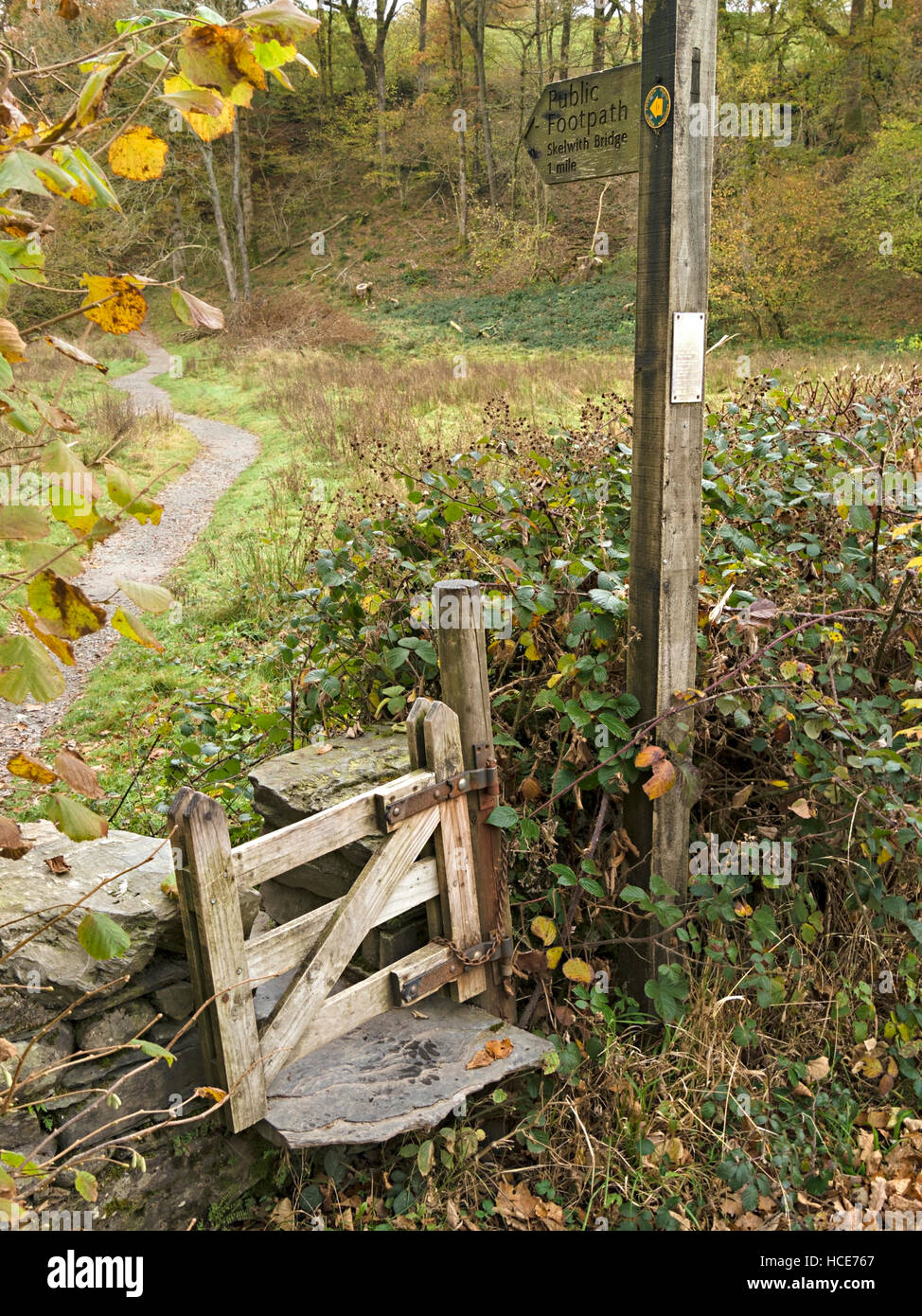 Il sentiero passo stile in stalattite parete con piccolo cancello in legno e il dito post segno, Colwith, Cumbria, Regno Unito. Foto Stock