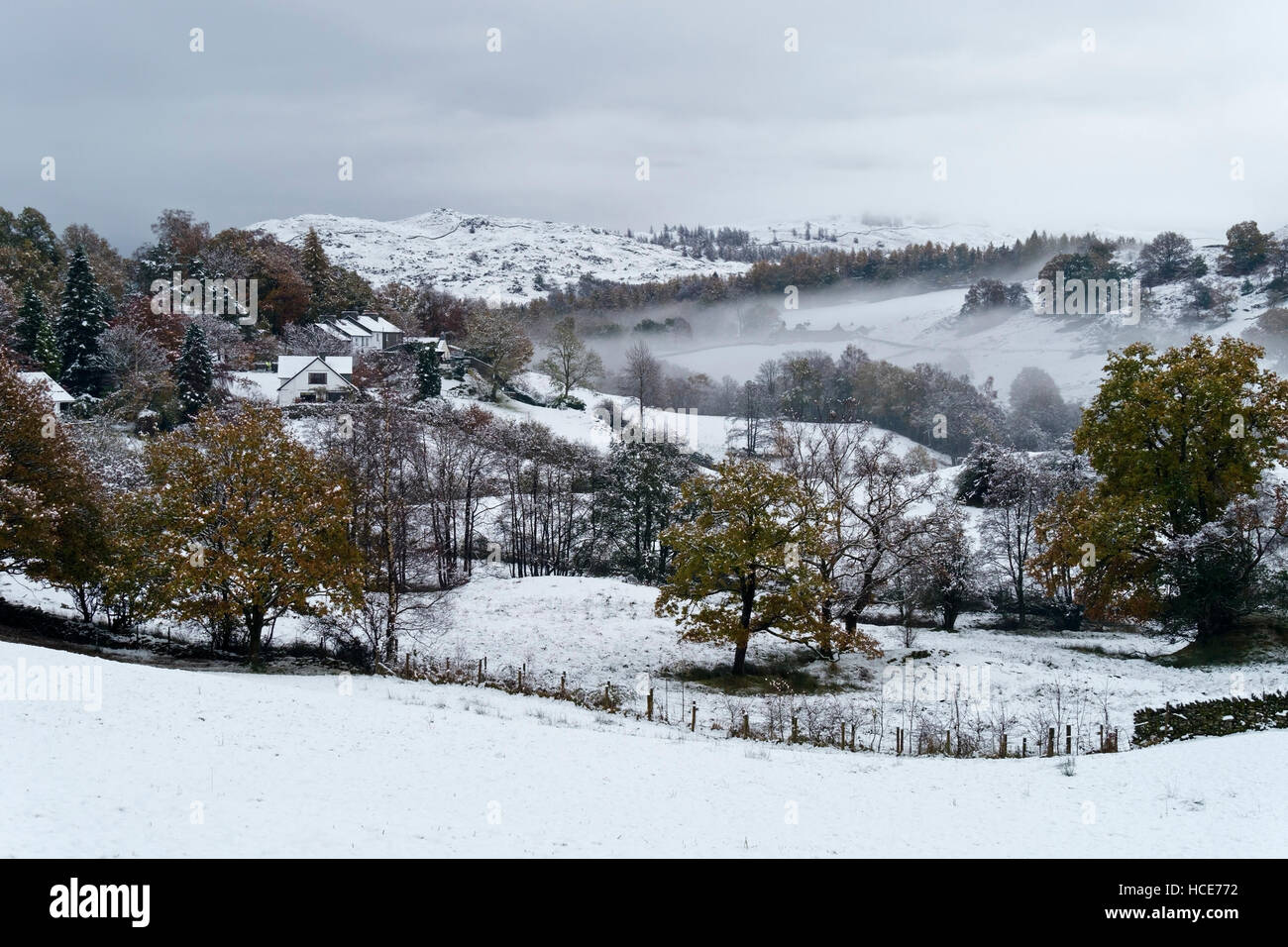 Nebbia e neve in poco Langdale valley, Lake District inglese, Cumbria, Inghilterra, Regno Unito. Foto Stock