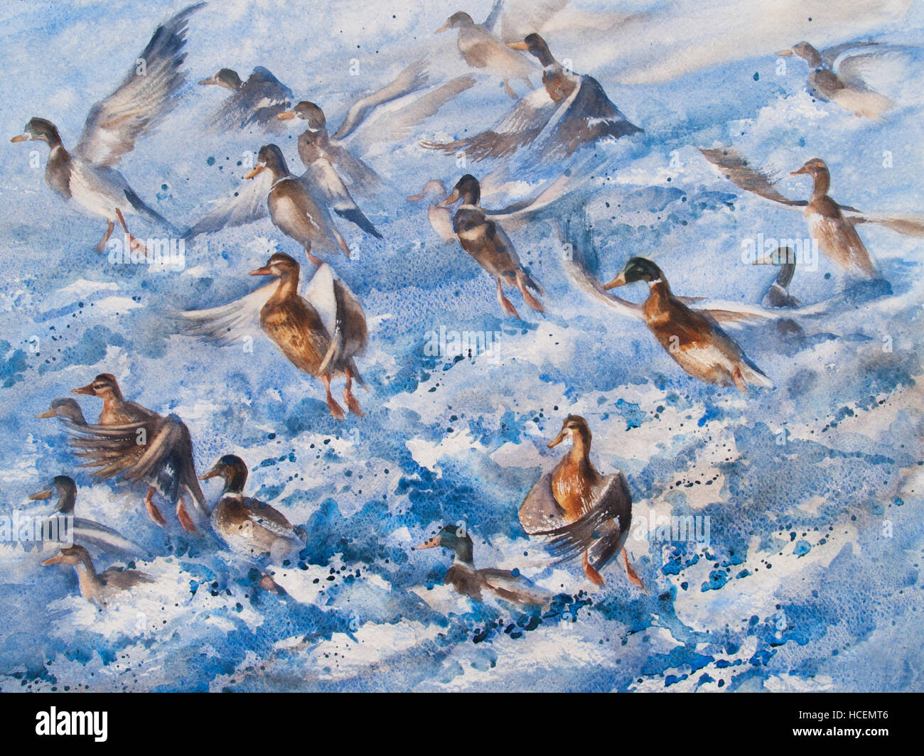 Acquerello anatre battenti sotto le onde del mare illustrazione Foto Stock