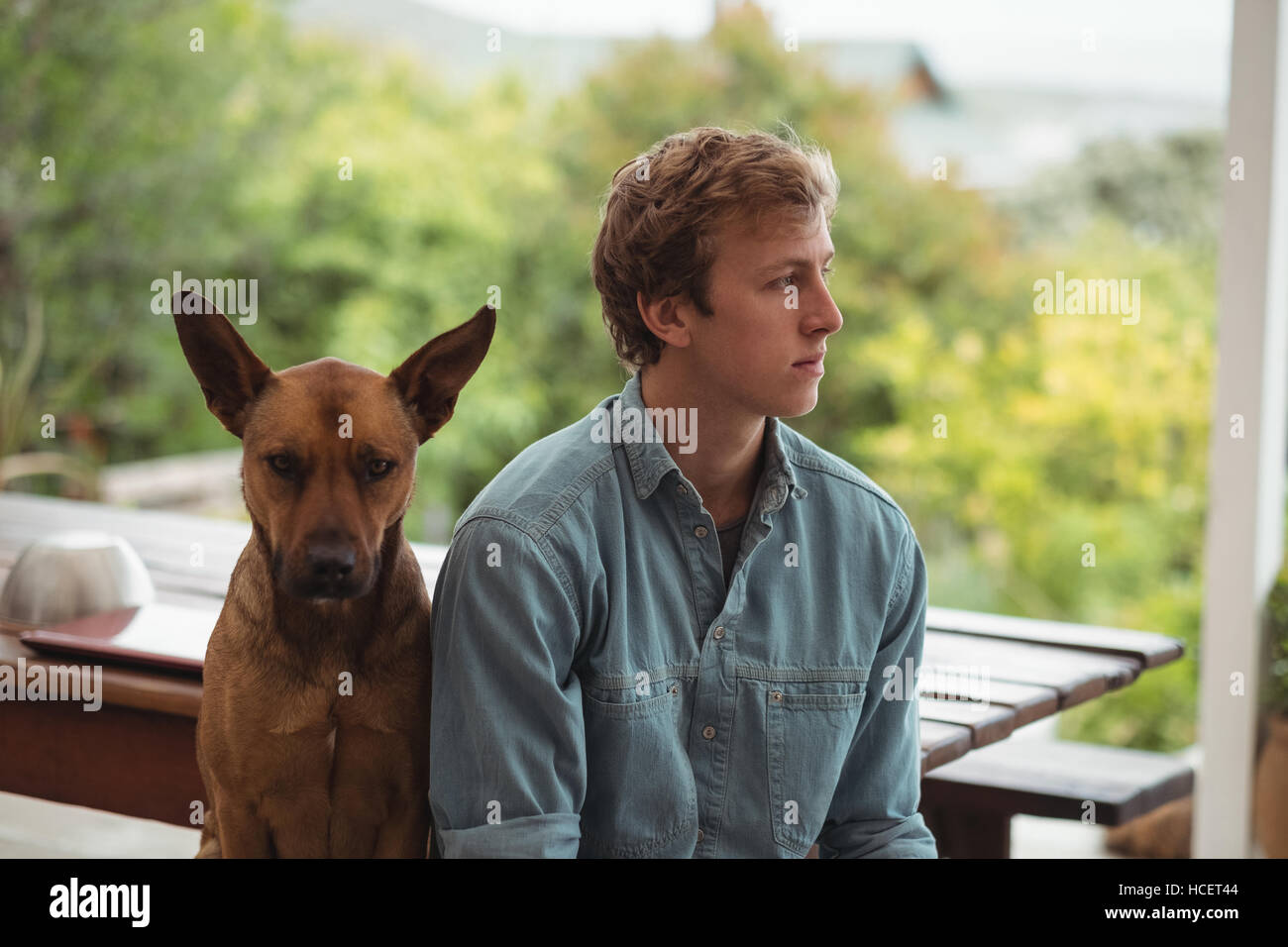 Uomo seduto con il suo cane Foto Stock