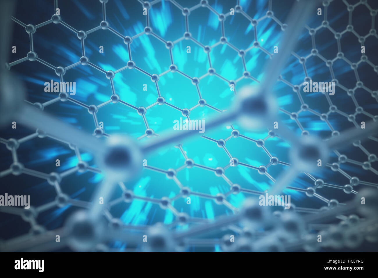 Il rendering di nanotecnologia esagonale forma geometrica di close-up, concetto grafene struttura atomica, molecolare . Foto Stock