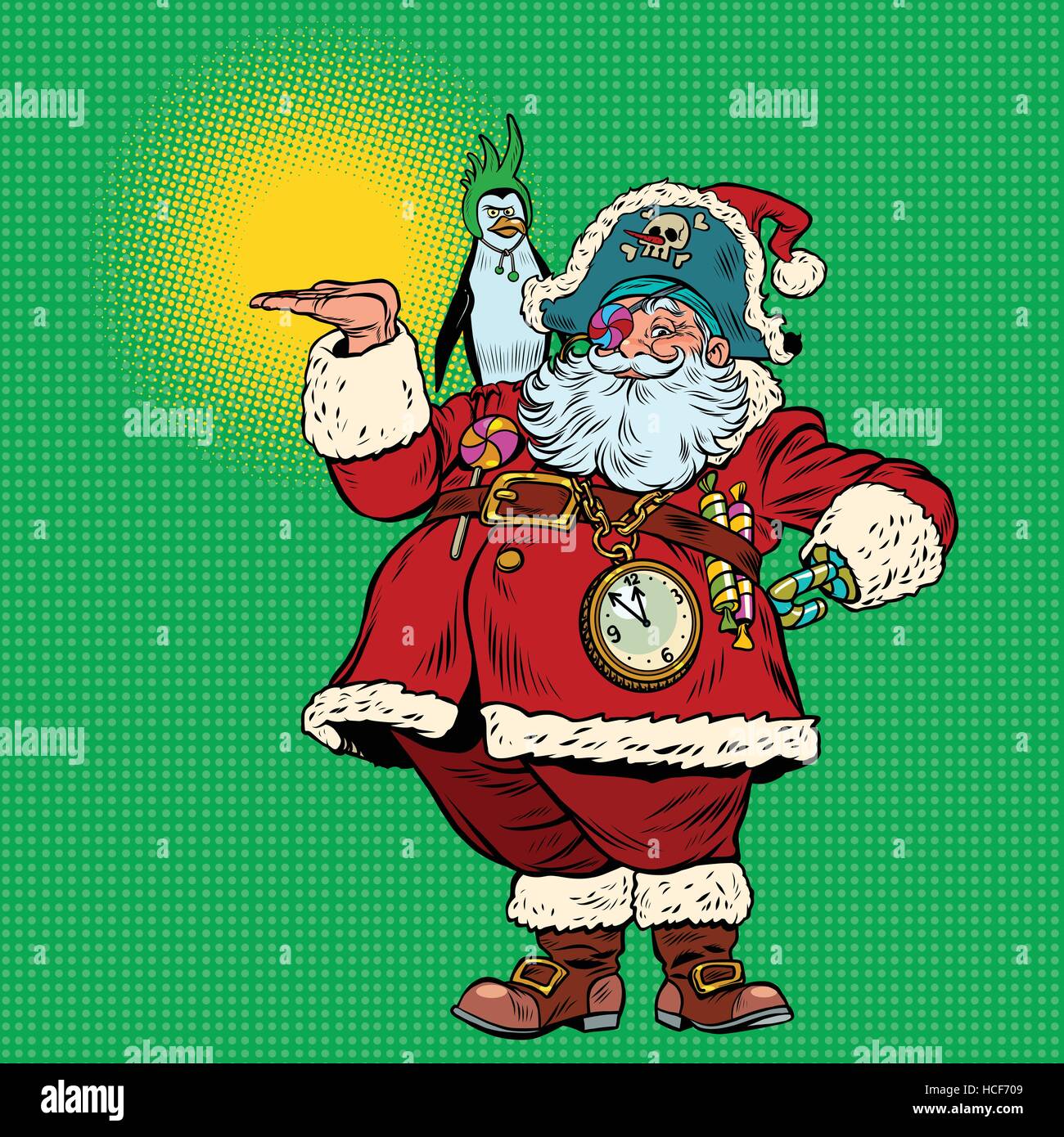 Santa Claus pirata e pinguino gesto di presentazione Illustrazione Vettoriale