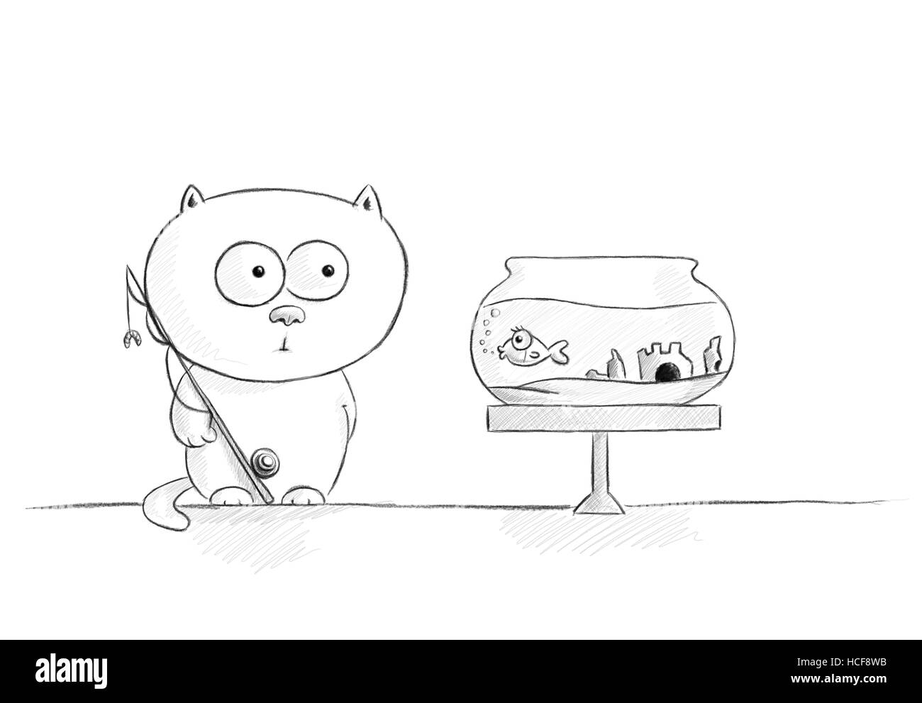 Schizzo a matita di un bel bianco kitty guardando curiosamente ad un pesce Foto Stock