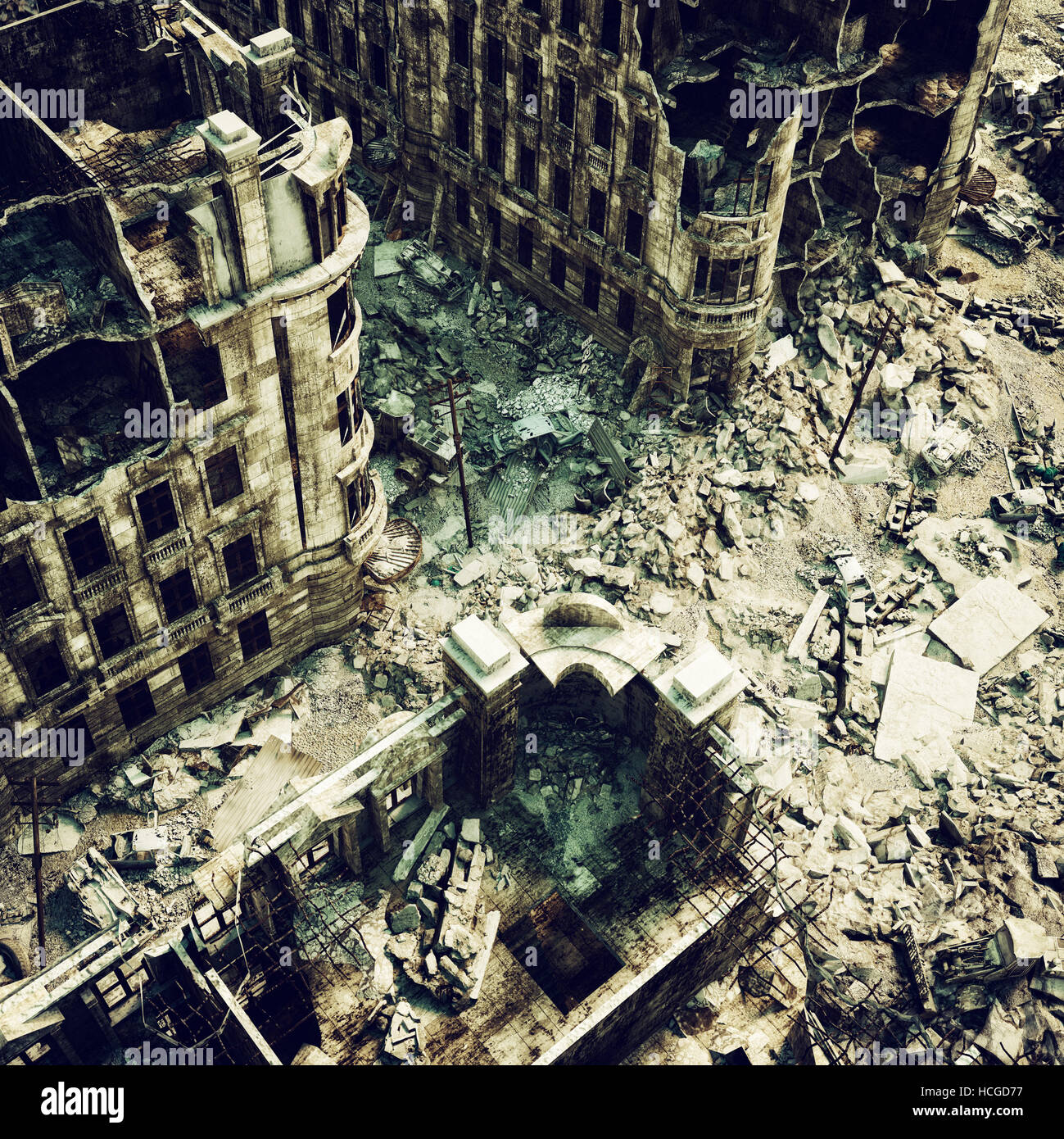 Le rovine di una città .occhio di un uccello . 3d illustrazione concept Foto Stock