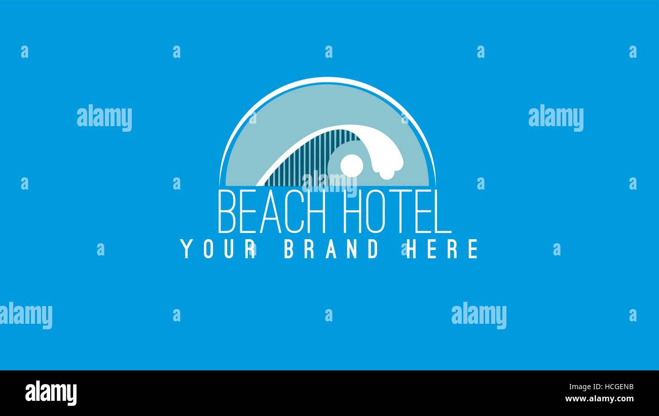 Hotel sulla spiaggia curva d'onda proprietà immobiliare di vettore modello di logo Illustrazione Vettoriale