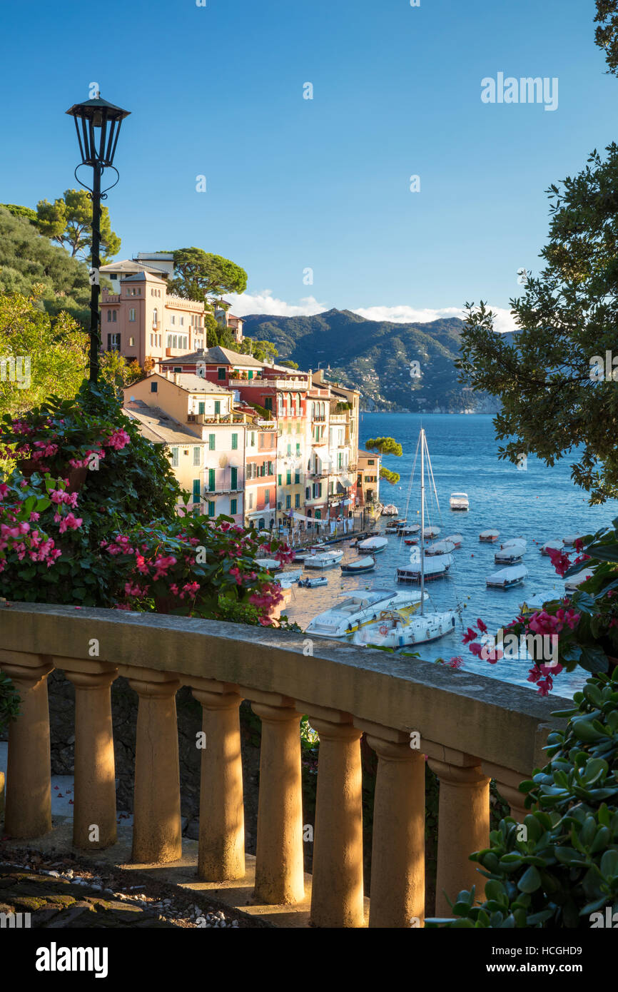 La mattina presto vista sulla cittadina portuale di Portofino, Liguria, Italia Foto Stock