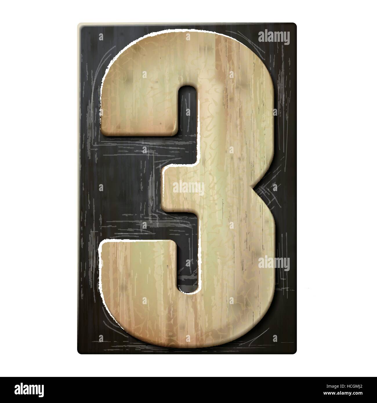 3d legno rilievografia numero 3 isolati su sfondo bianco Illustrazione Vettoriale