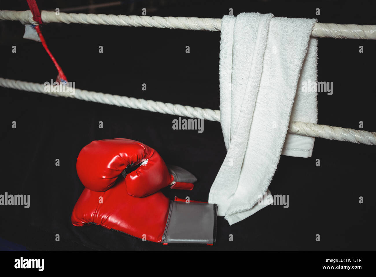 I guantoni e un asciugamano nel pugilato ring Foto Stock