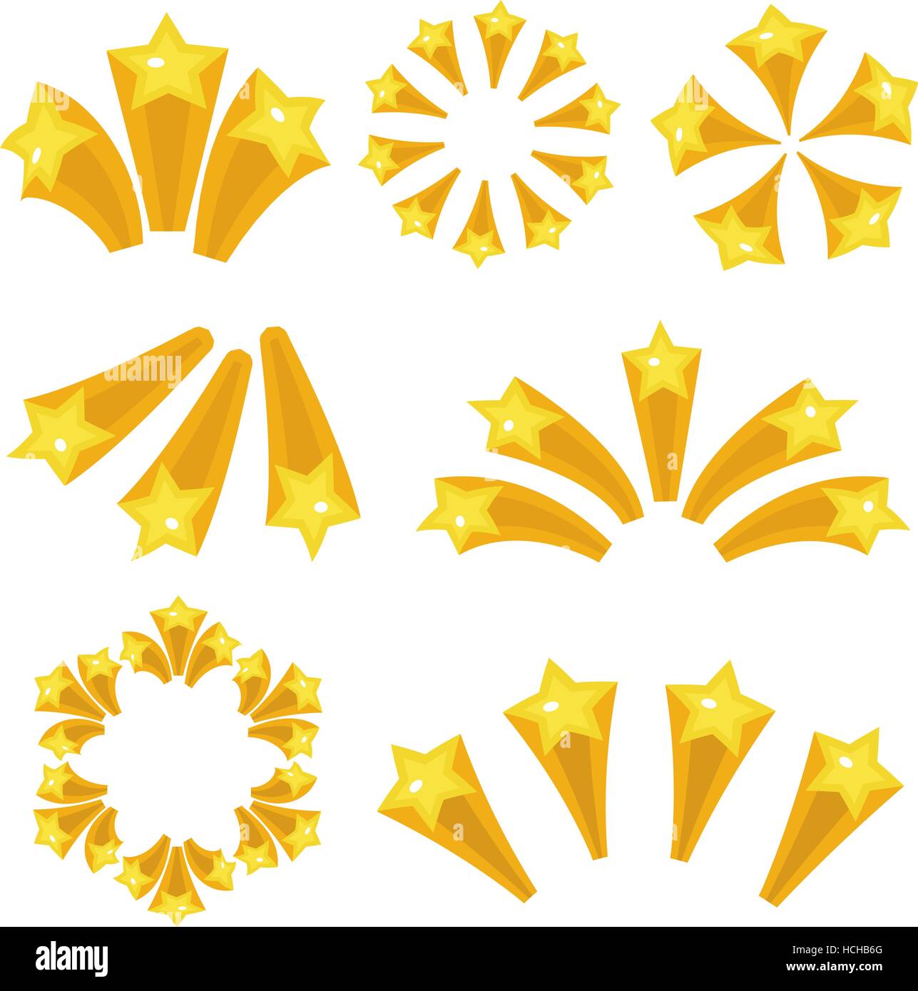 Stelle scoppiare il set di icone di stile cartoon. Stella gialla esplosione fuochi d'artificio, flash isolato su sfondo bianco. Illustrazione Vettoriale. Illustrazione Vettoriale
