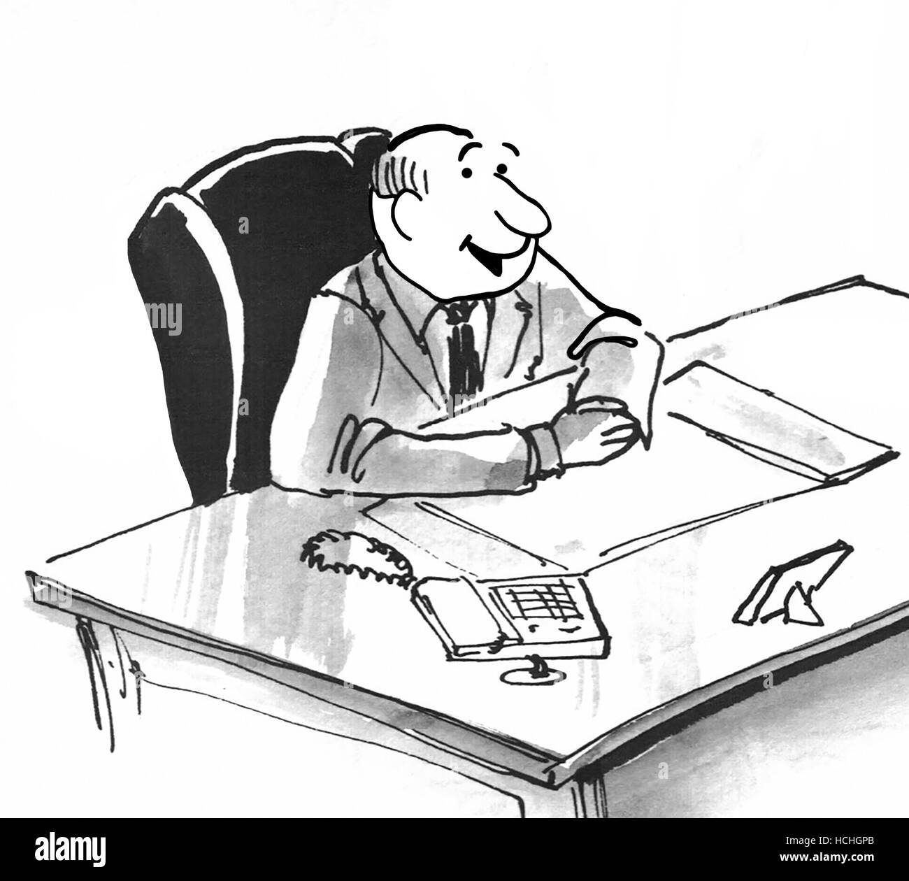 Bianco e nero illustrazione di imprenditore sorridente seduto alla sua scrivania in ufficio. Foto Stock