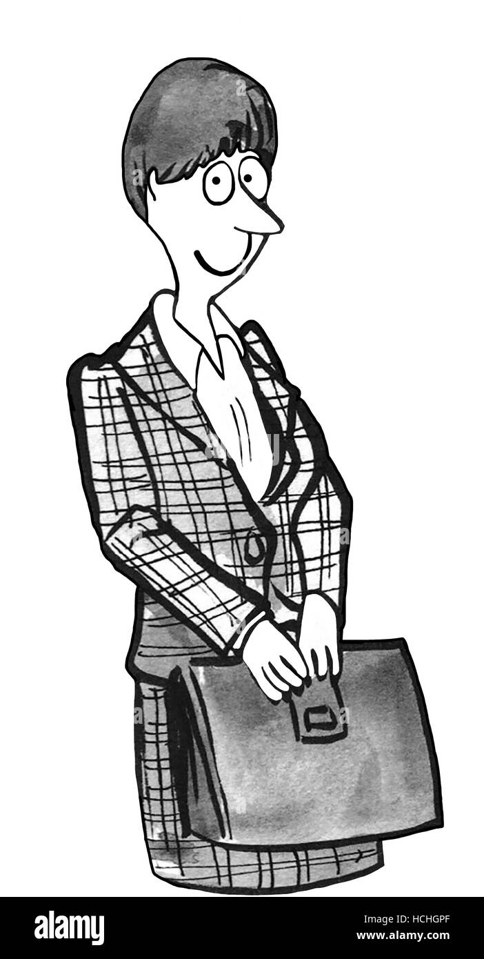 Bianco e nero illustrazione di un sorridente donna di carriera portando una valigetta. Foto Stock