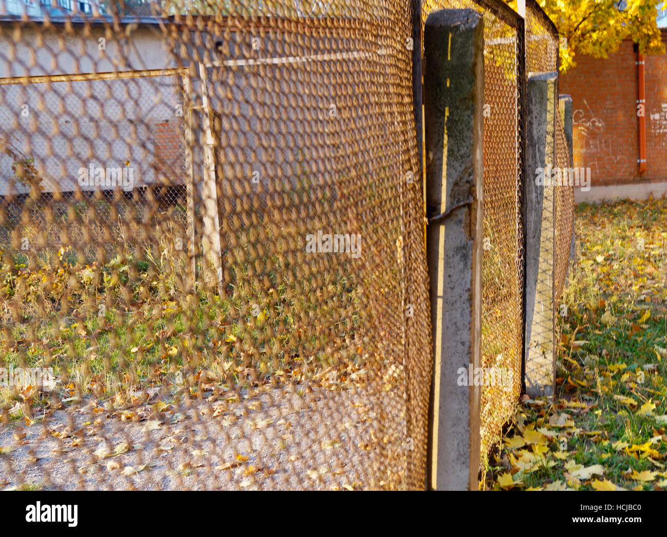Macro closeup vista di ruggine catena collegamento recinto in te il tempo di autunno con foglie di giallo e di fori all'interno Foto Stock