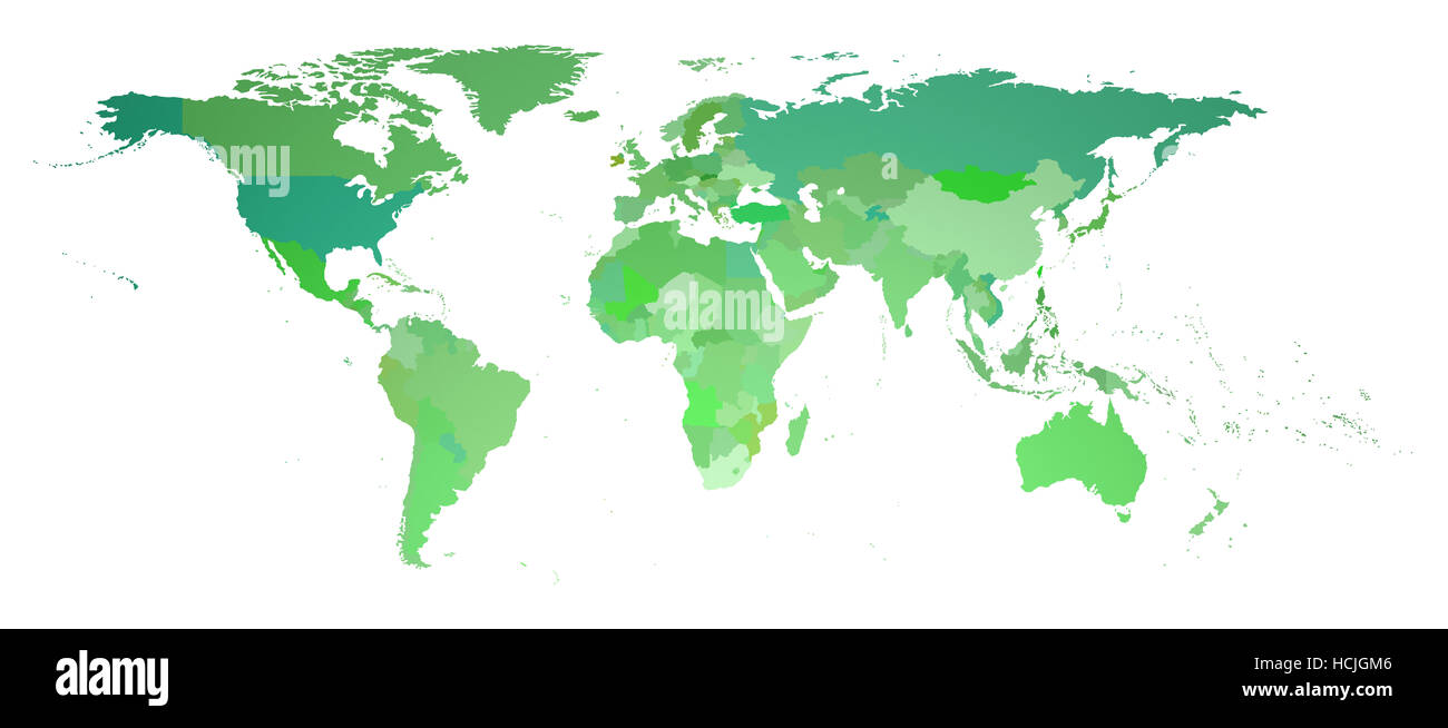 Green flat world map isolato su bianco il rendering 3D Foto Stock