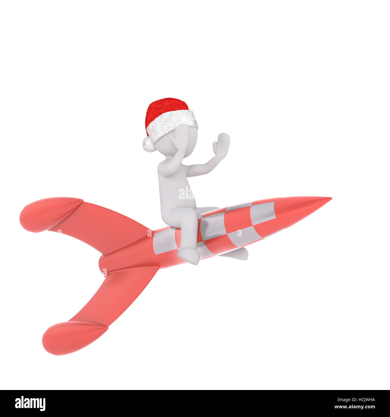 Piccolo felice 3d uomo a cavallo su un razzo rosso battendo le mani in eccitazione indossando un rosso Santa hat per Natale, reso illustrazione a Pentecoste Foto Stock