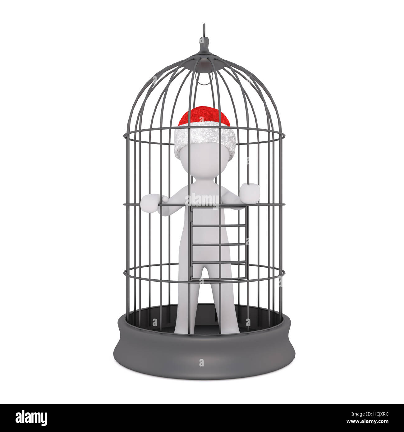3d uomo che indossa un cappello di Natale in piedi captive intrappolato all'interno di un filo bird cage, reso illustrazione su bianco Foto Stock