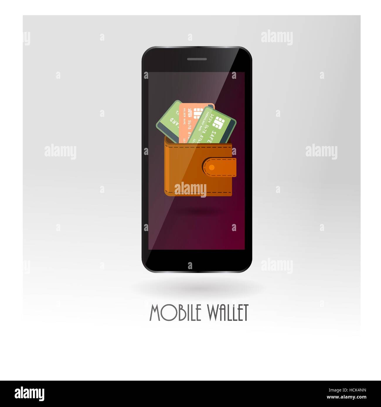 Portafoglio di denaro con carta di credito i simboli sul gadget mobile schermo come il pagamento on-line concept. Moderno bancario finanziario sicuro trasferimento di tecnologia. Digi Illustrazione Vettoriale