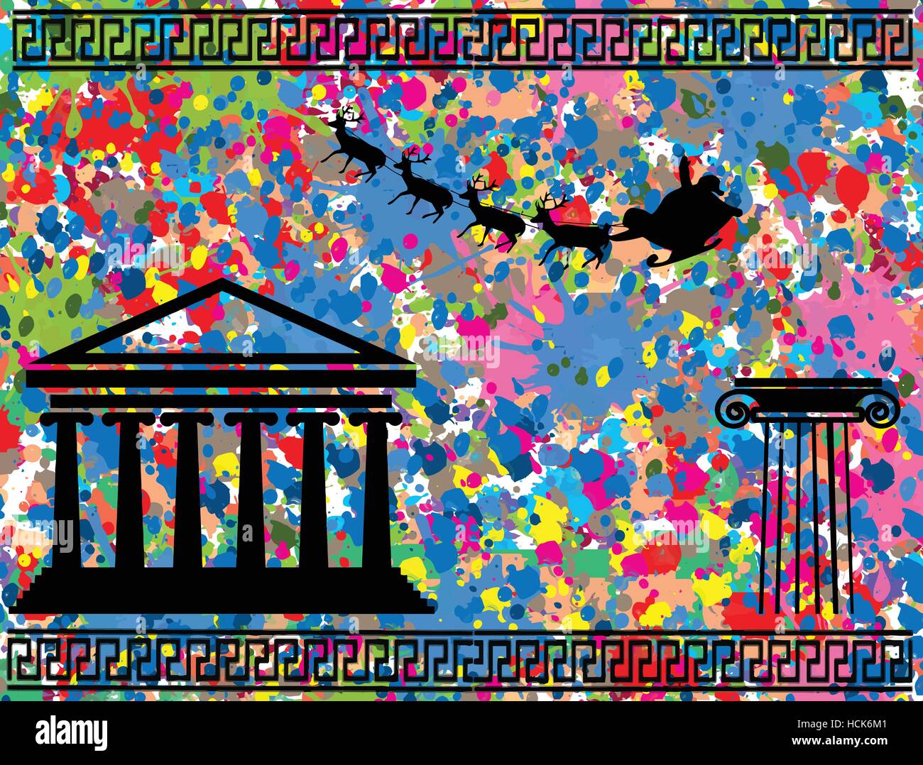 Babbo Natale con la slitta volare su sfondo astratto con inchiostro colorato splat e simboli greci, illustrazione vettoriale Illustrazione Vettoriale