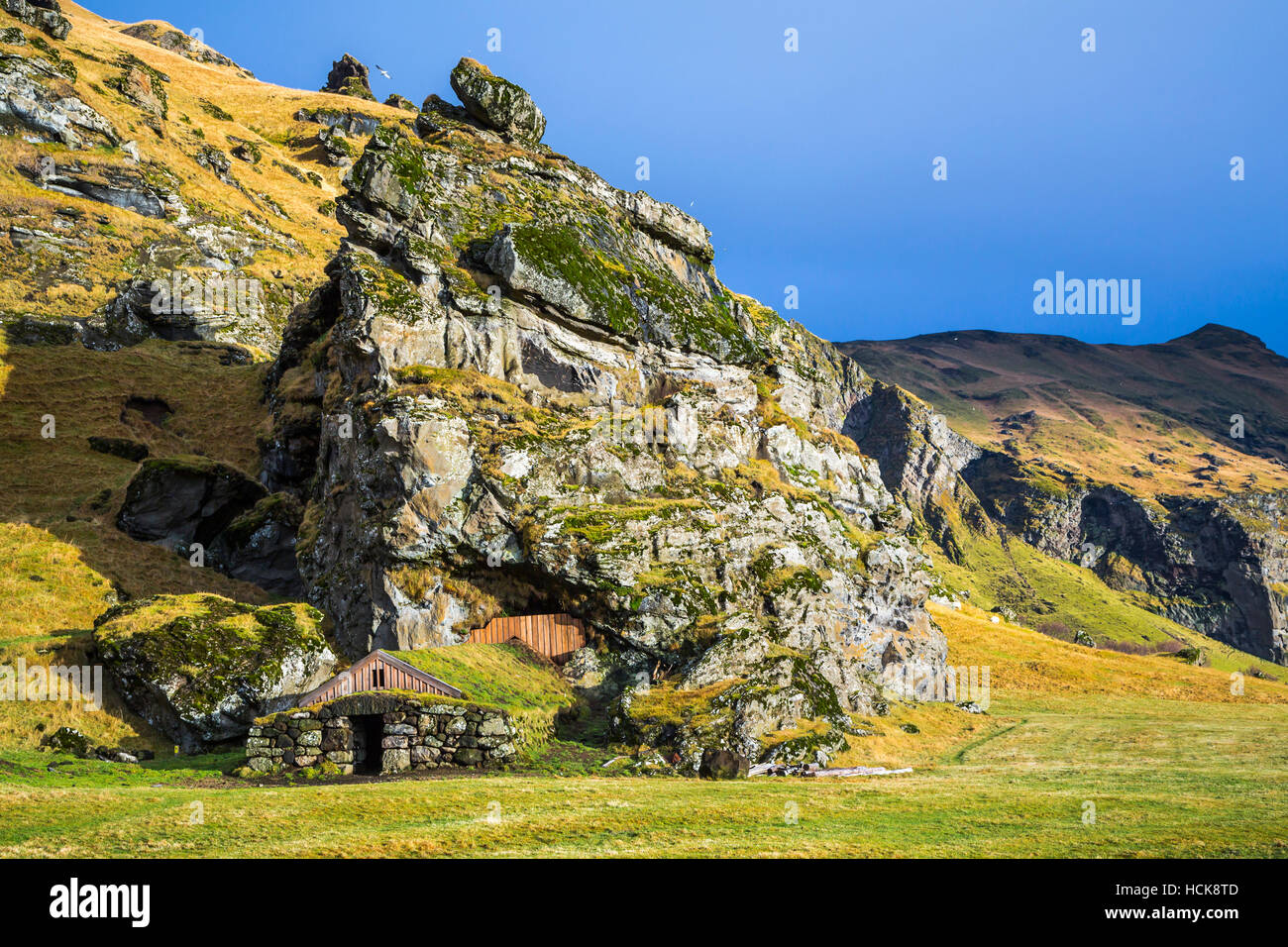 Una cantina di root sul lato di una montagna nel sud dell'Islanda, l'Europa. Foto Stock