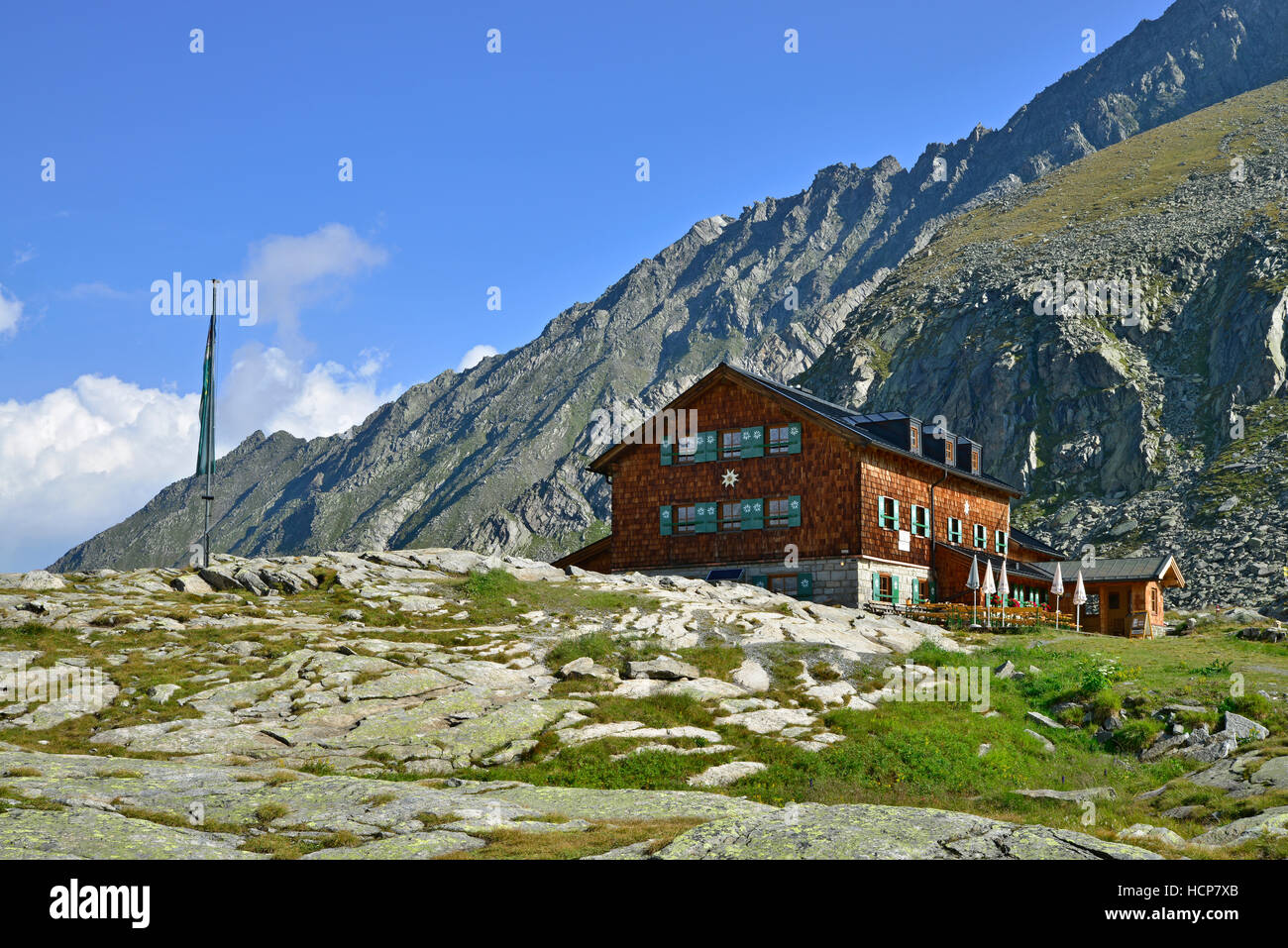 Zittauer Hütte a Wildgerlossee superiore, Alti Tauri Parco Nazionale, Salisburgo, Austria Foto Stock