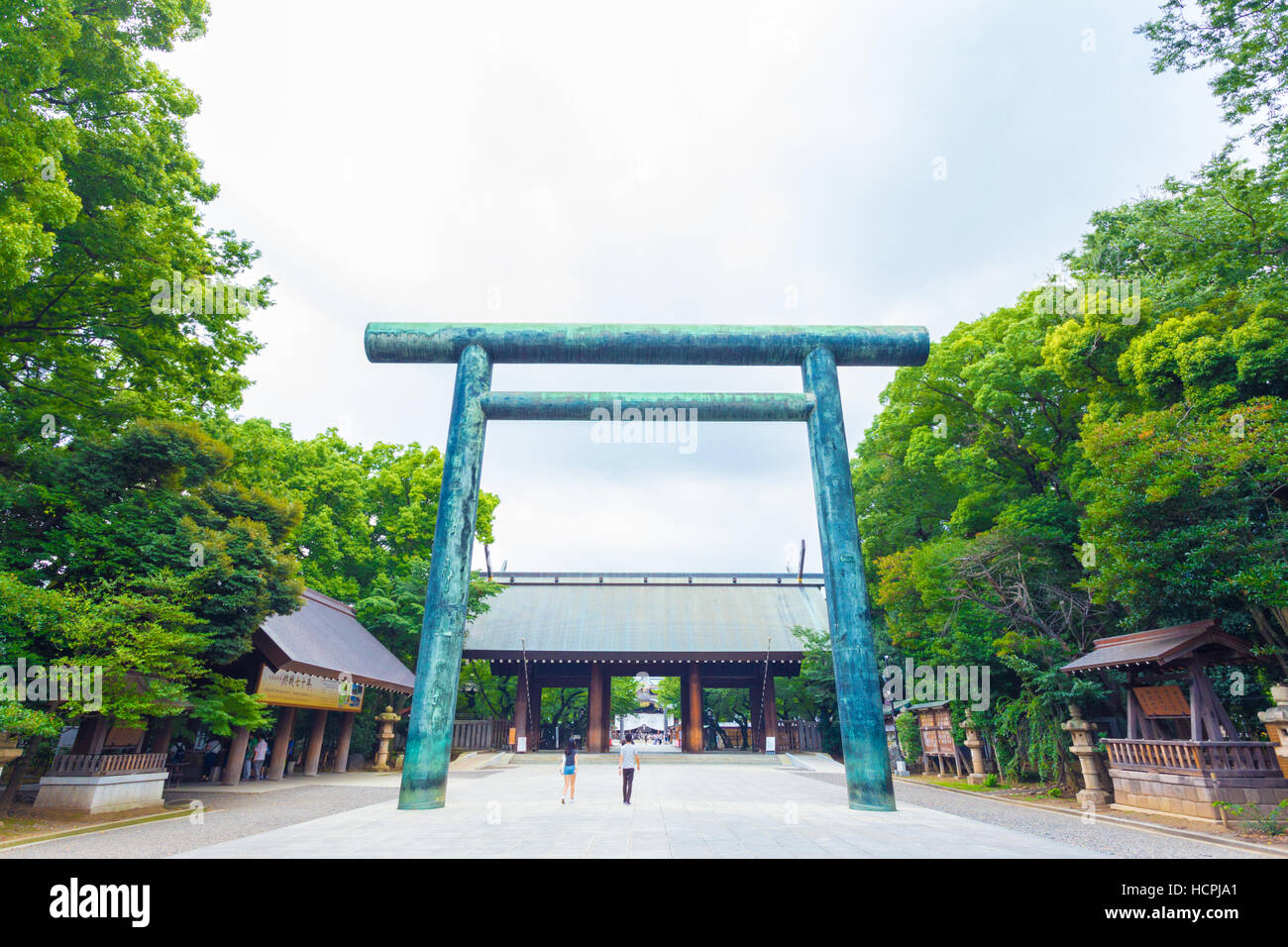 Daini Torii porta di legno shinmon porta sul viale alberato percorso in ingresso al controverso Yasukuni sacrario scintoista Foto Stock