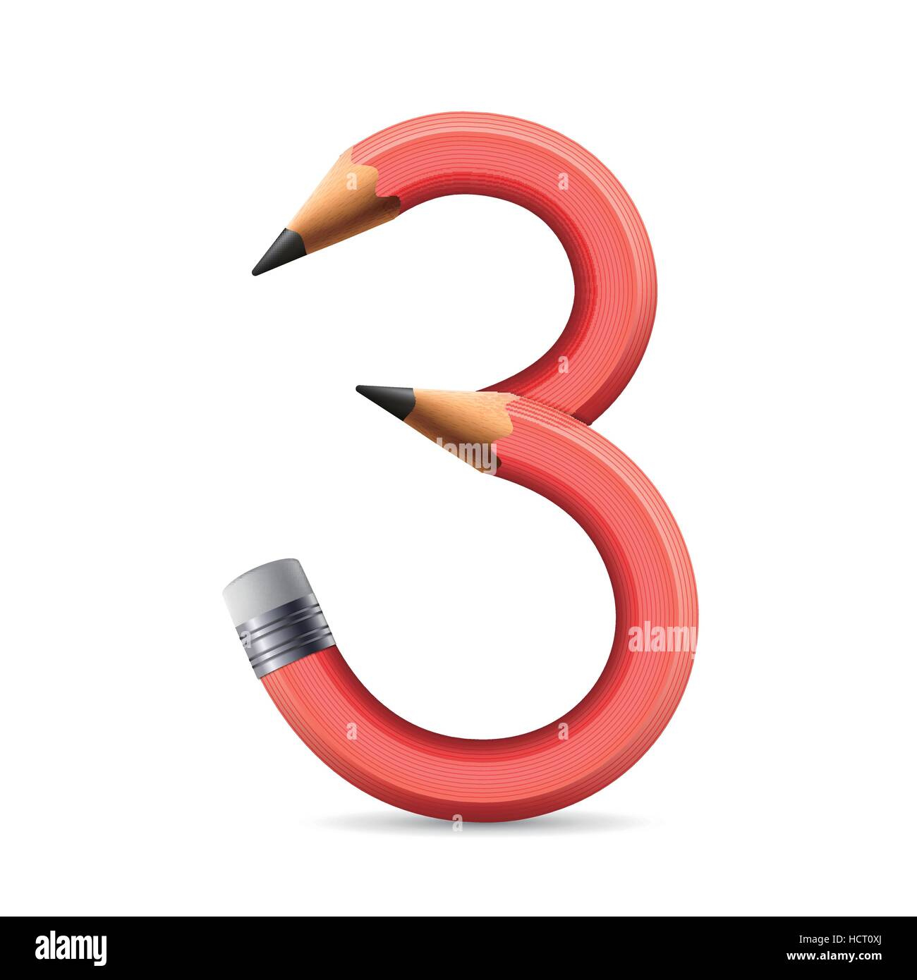 3d matita rosa numero 3 isolati su sfondo bianco Illustrazione Vettoriale