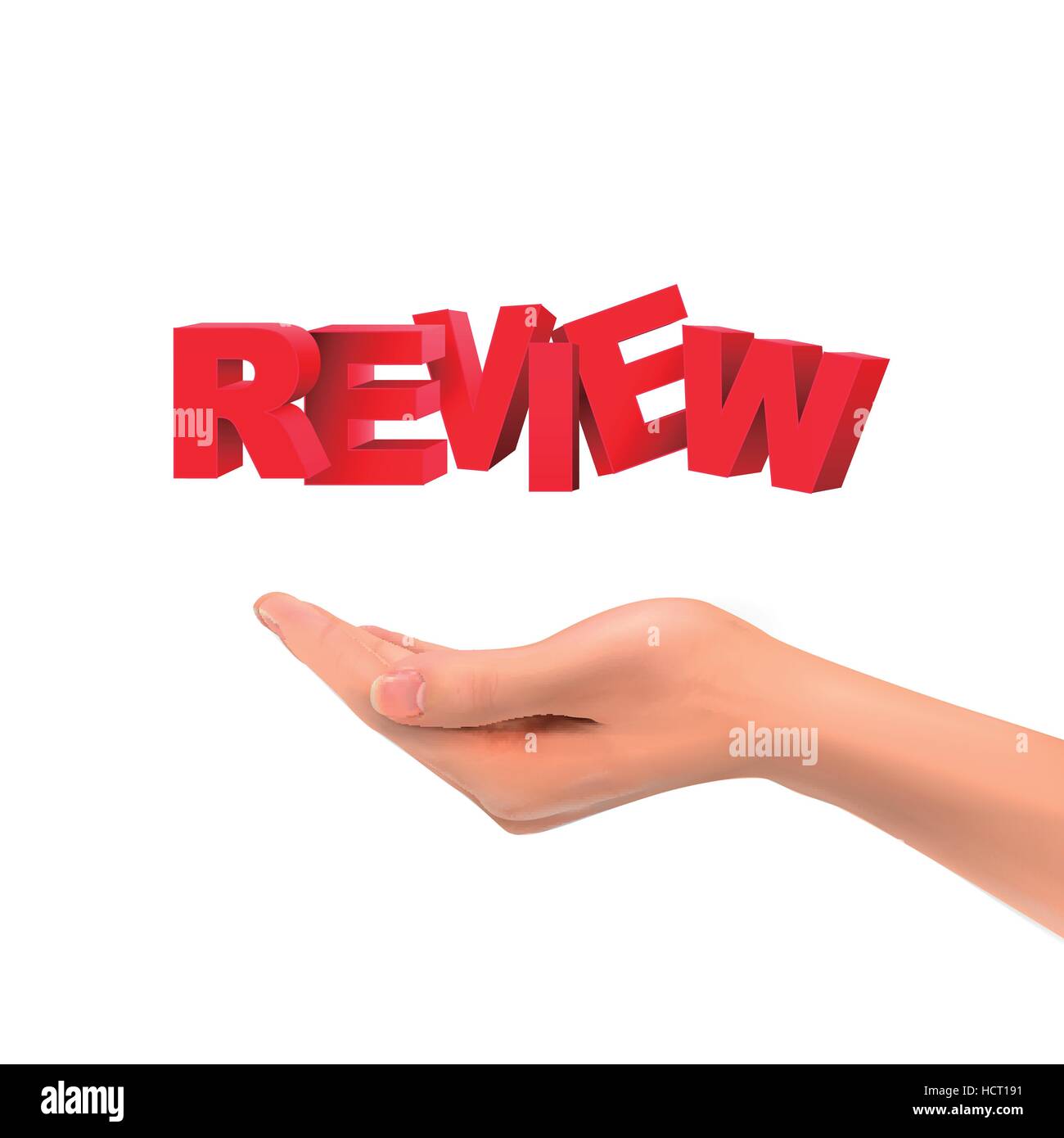 3d mano azienda review parole su sfondo bianco Illustrazione Vettoriale