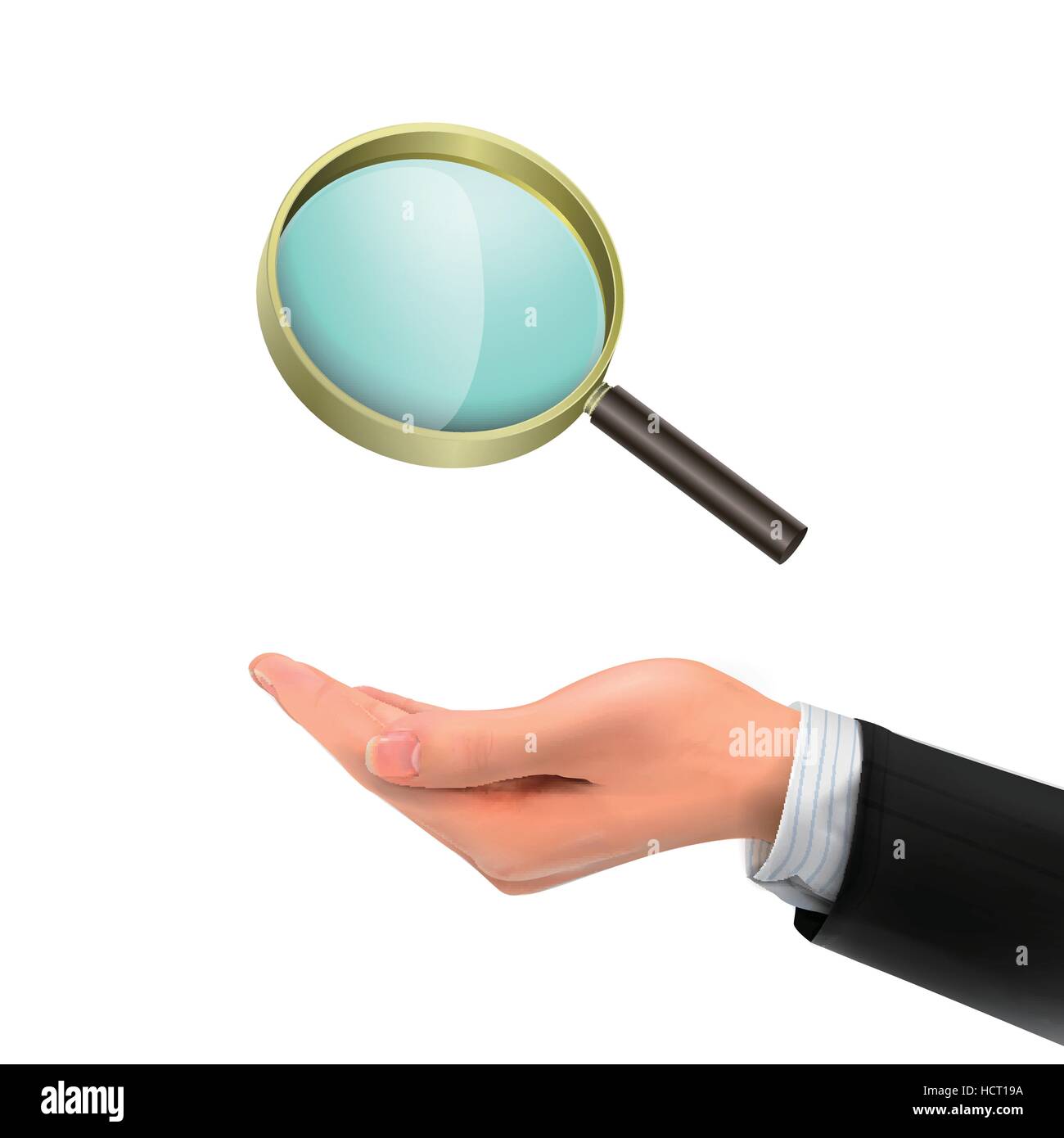 3d mano che tiene la lente di ingrandimento su sfondo bianco Illustrazione Vettoriale