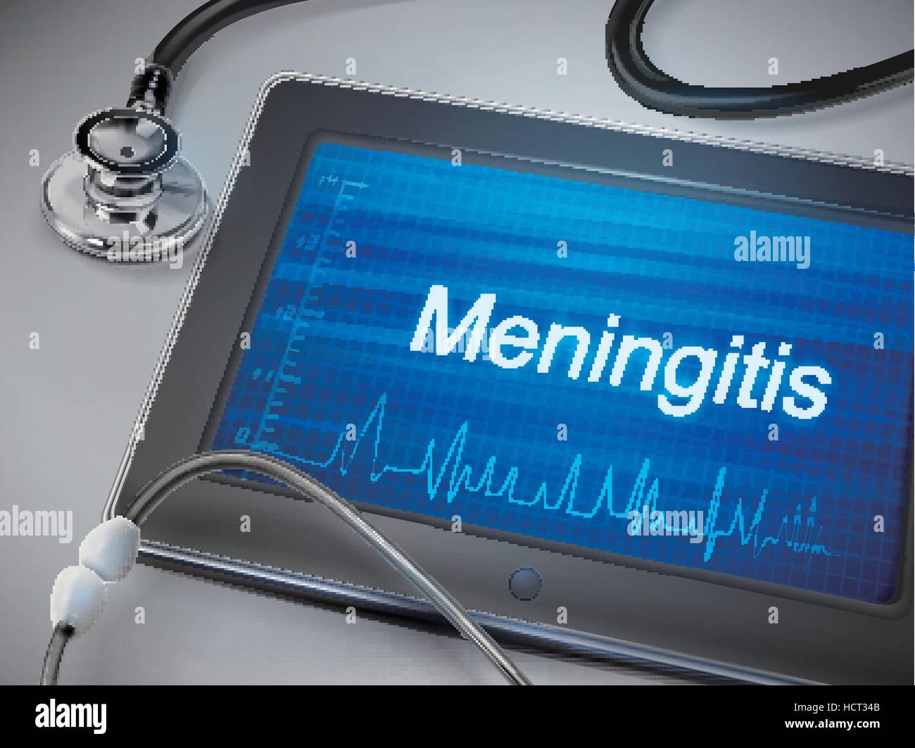 La meningite parola visualizzata sul tablet con uno stetoscopio sopra il tavolo Illustrazione Vettoriale