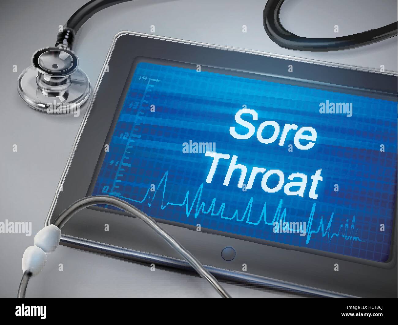 Mal di gola parole visualizzate sul tablet con uno stetoscopio sopra il tavolo Illustrazione Vettoriale