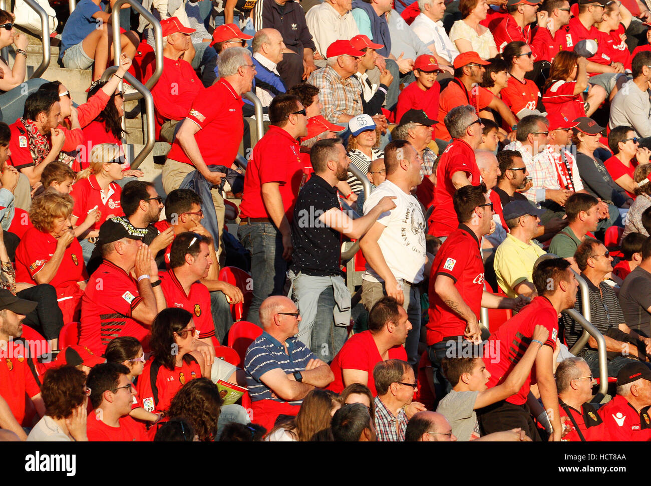 La folla di spettatori nelle tribune del campo di calcio Foto Stock